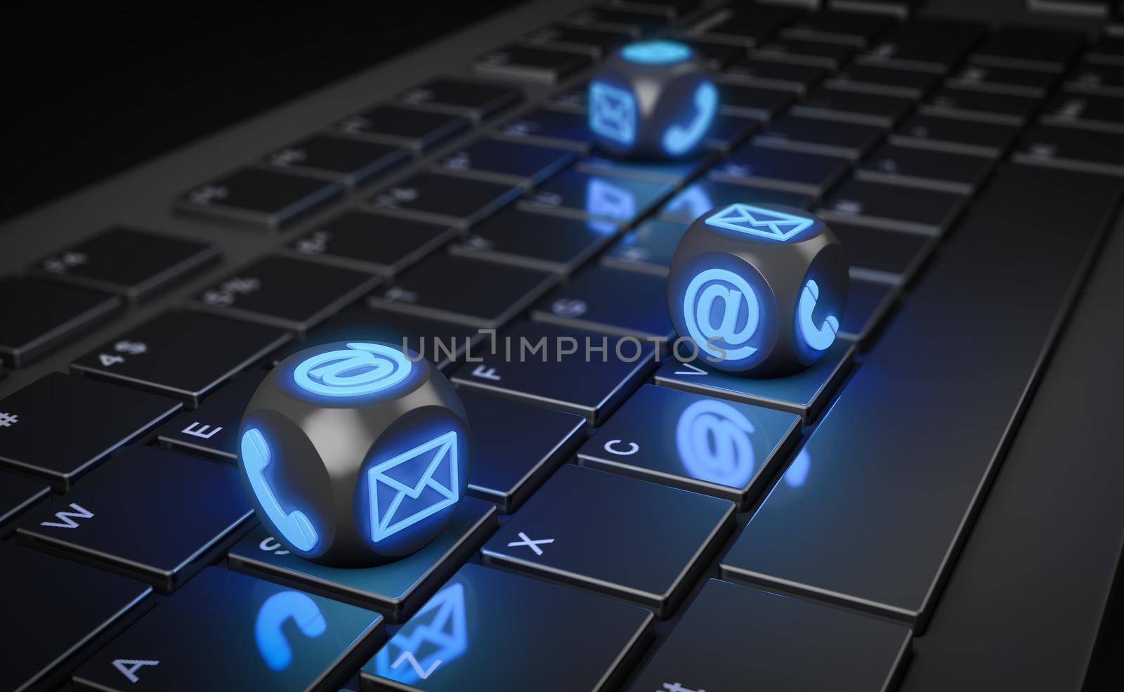 Cubes with phone, mail and envelope icons on a computer keyboard. 3D render