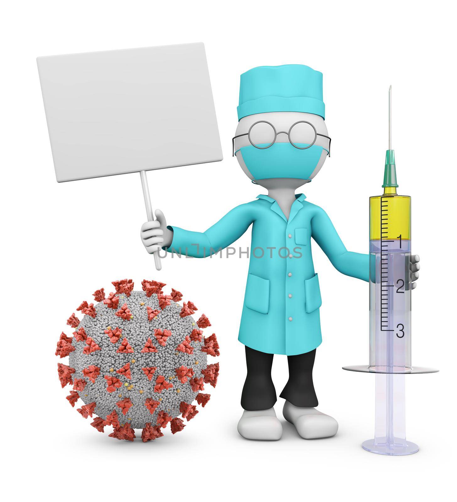 A masked doctor with a syringe is holding a signboard next to the coronovirus. 3d render.