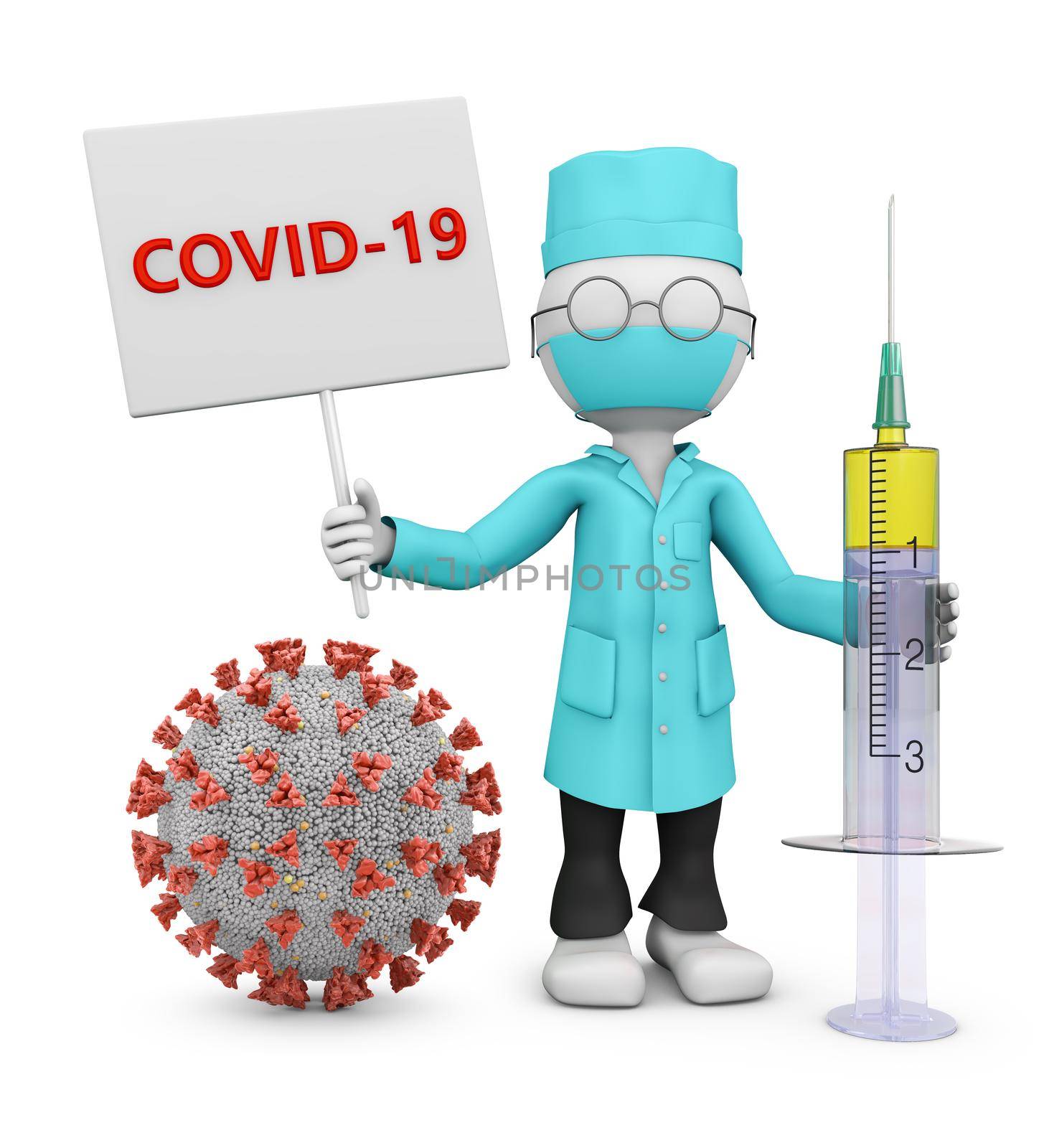The masked doctor is holding a signboard with the words COVID-19 next to the coronovirus. 3D render.