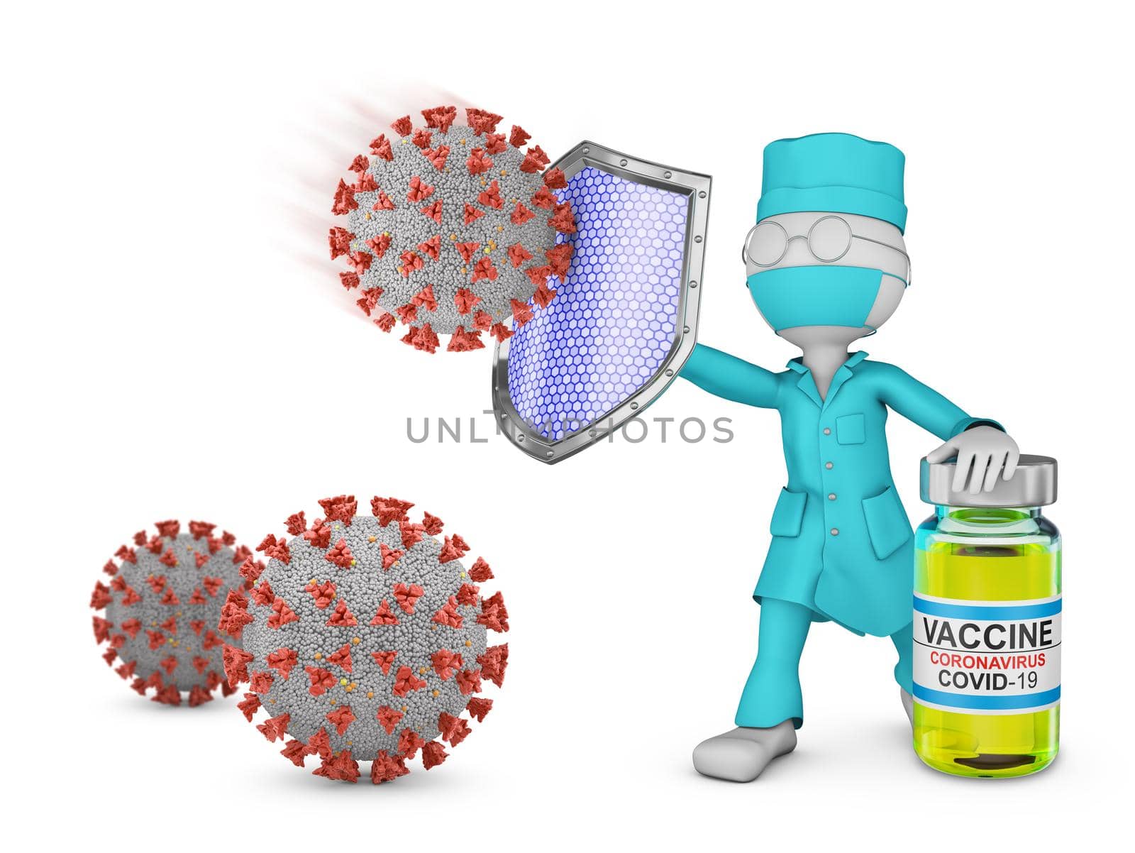 Doctor with shield and vaccine and coronovirus cells. 3d render