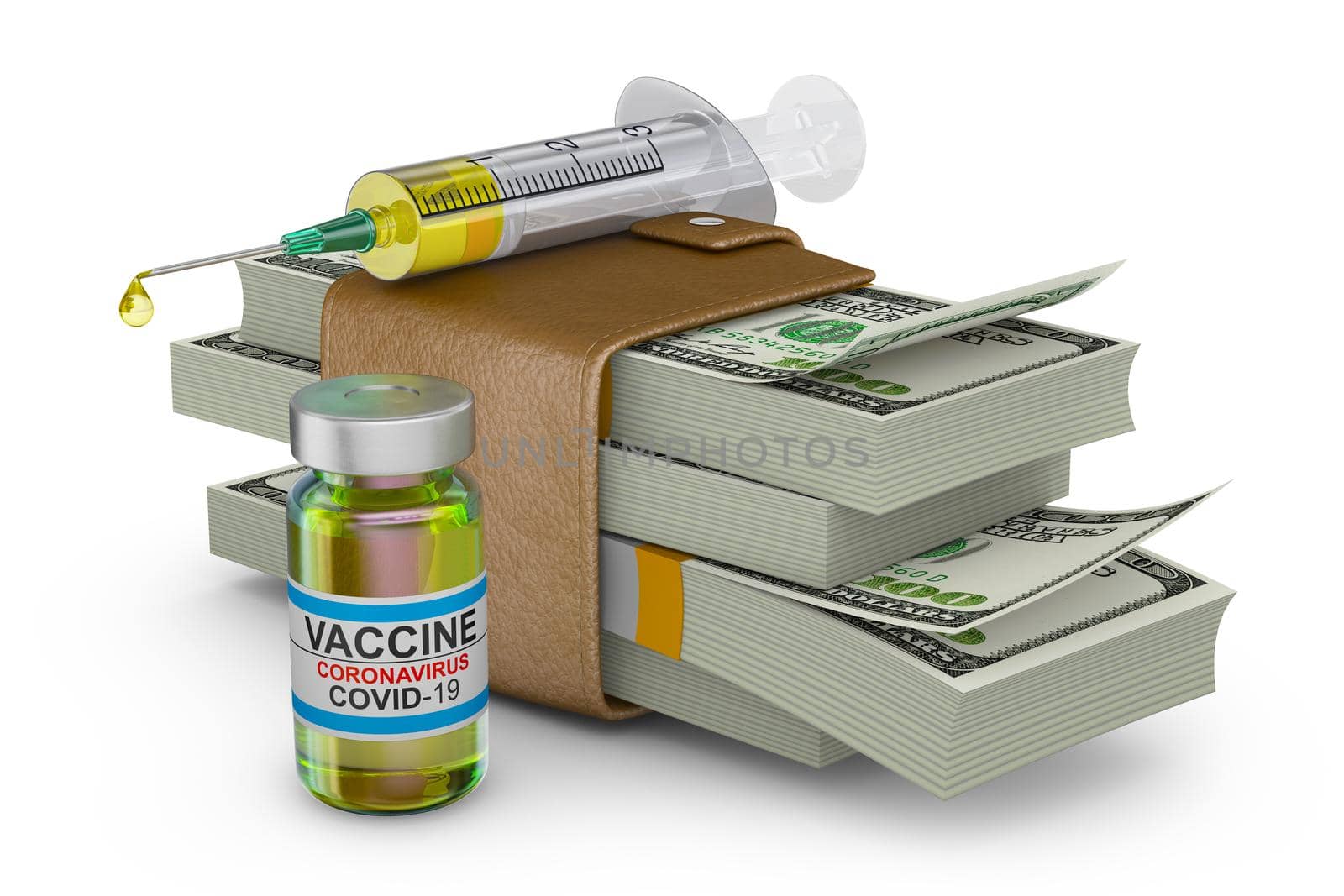 Wallet with bundles of dollar bills, a syringe and a bottle of vaccine. 3D render.
