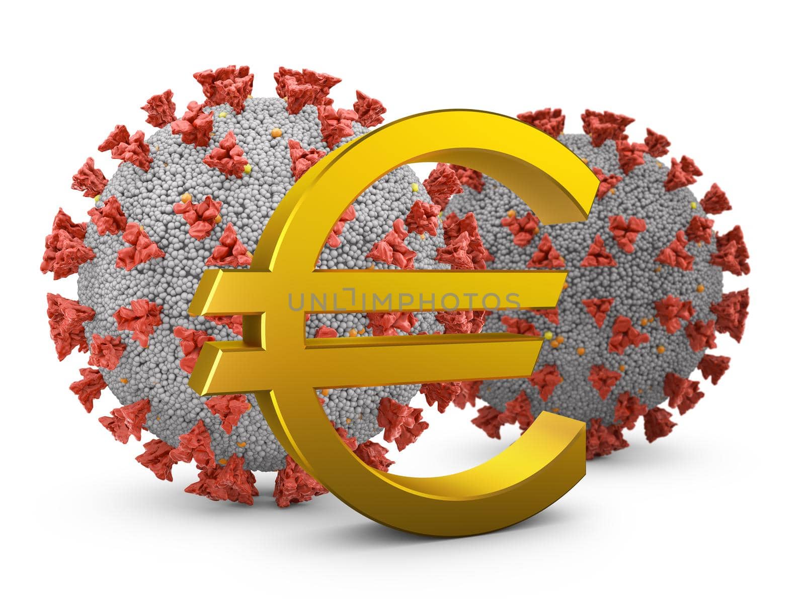 Golden euro sign and coronovirus cells. 3d render.
