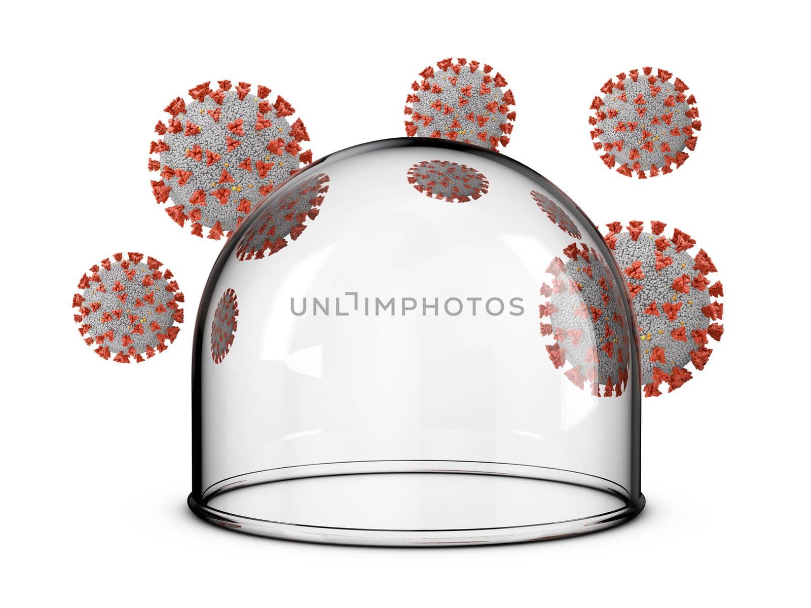A glass dome around which coronaviruses on a white background. 3D rendering.