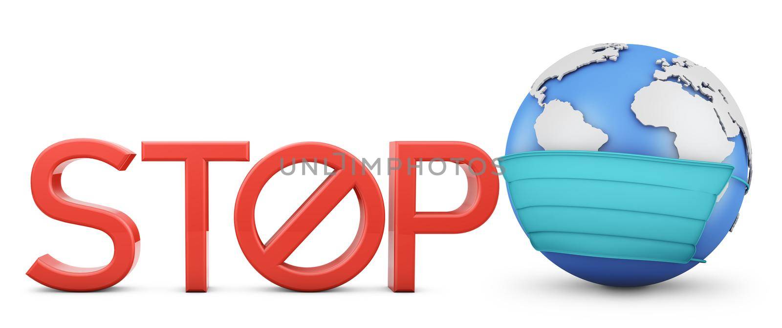 Globe in a protective mask and the volumetric text STOP 3D rendering.