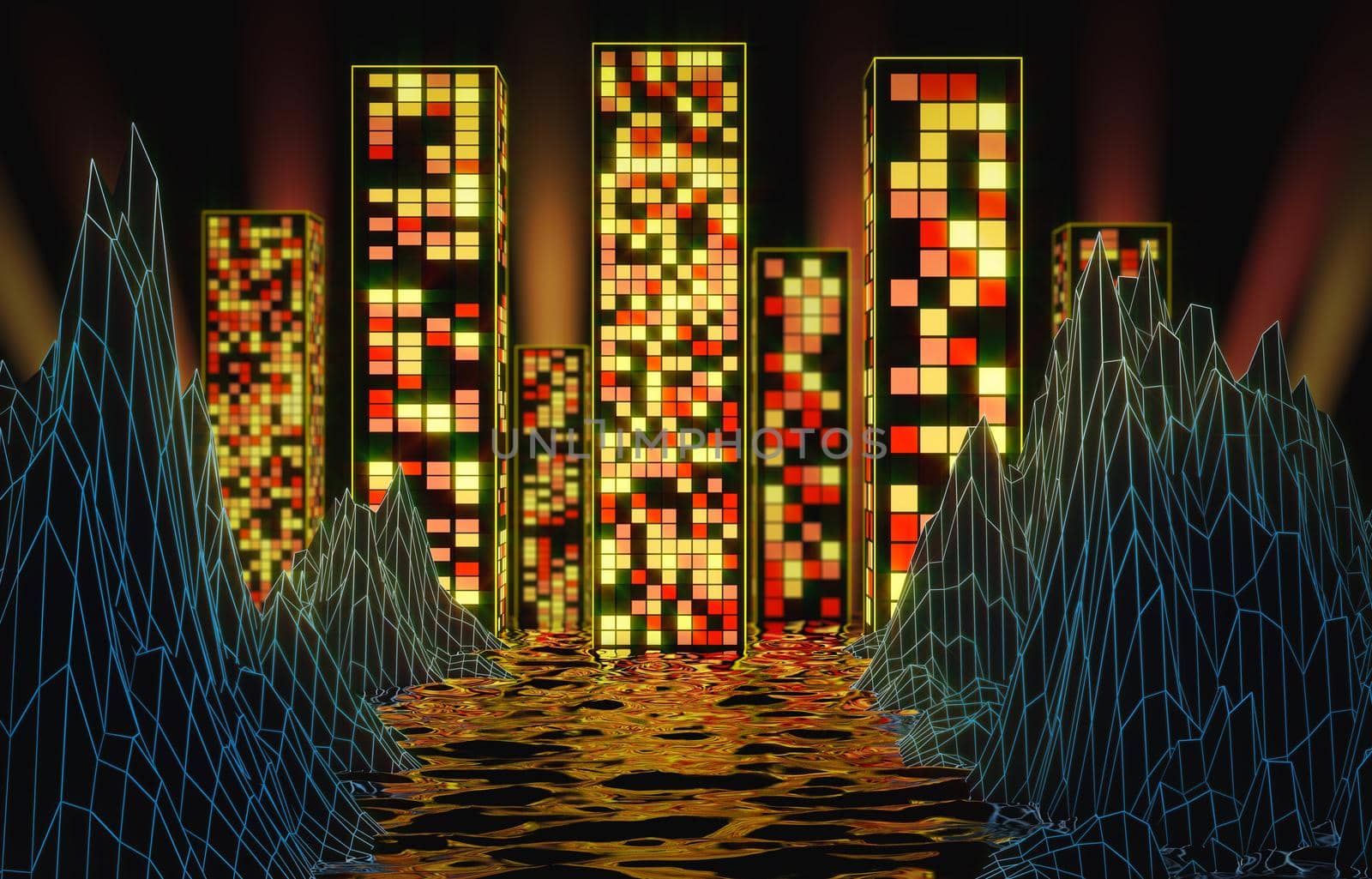 Neon glow of skyscrapers with reflection in water between rocks with blue mesh. 3D rendering.