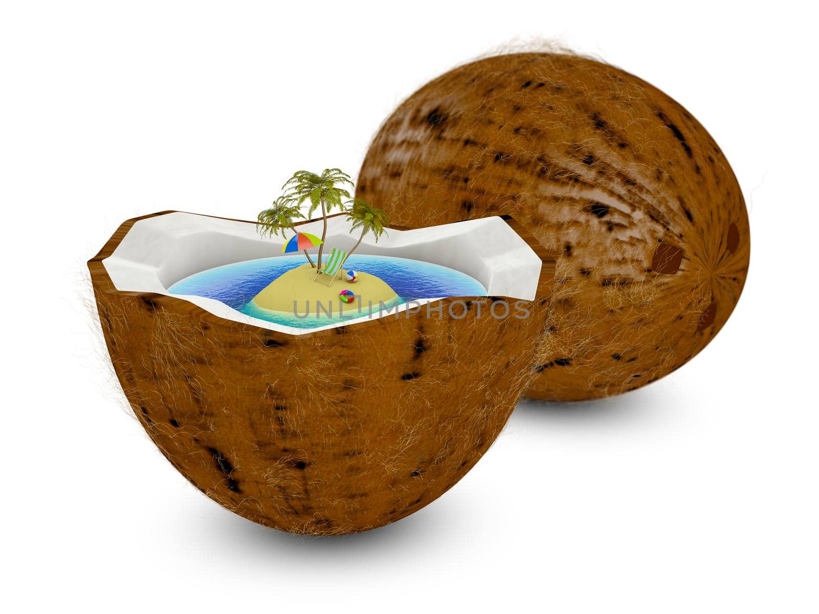 tropical island in one of coconuts on a white background. 3d render.