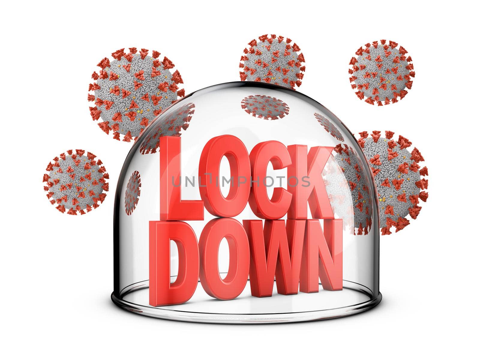 Volumetric text LOCKDOWN inside a glass dome, around which coronaviruses. 3D rendering.