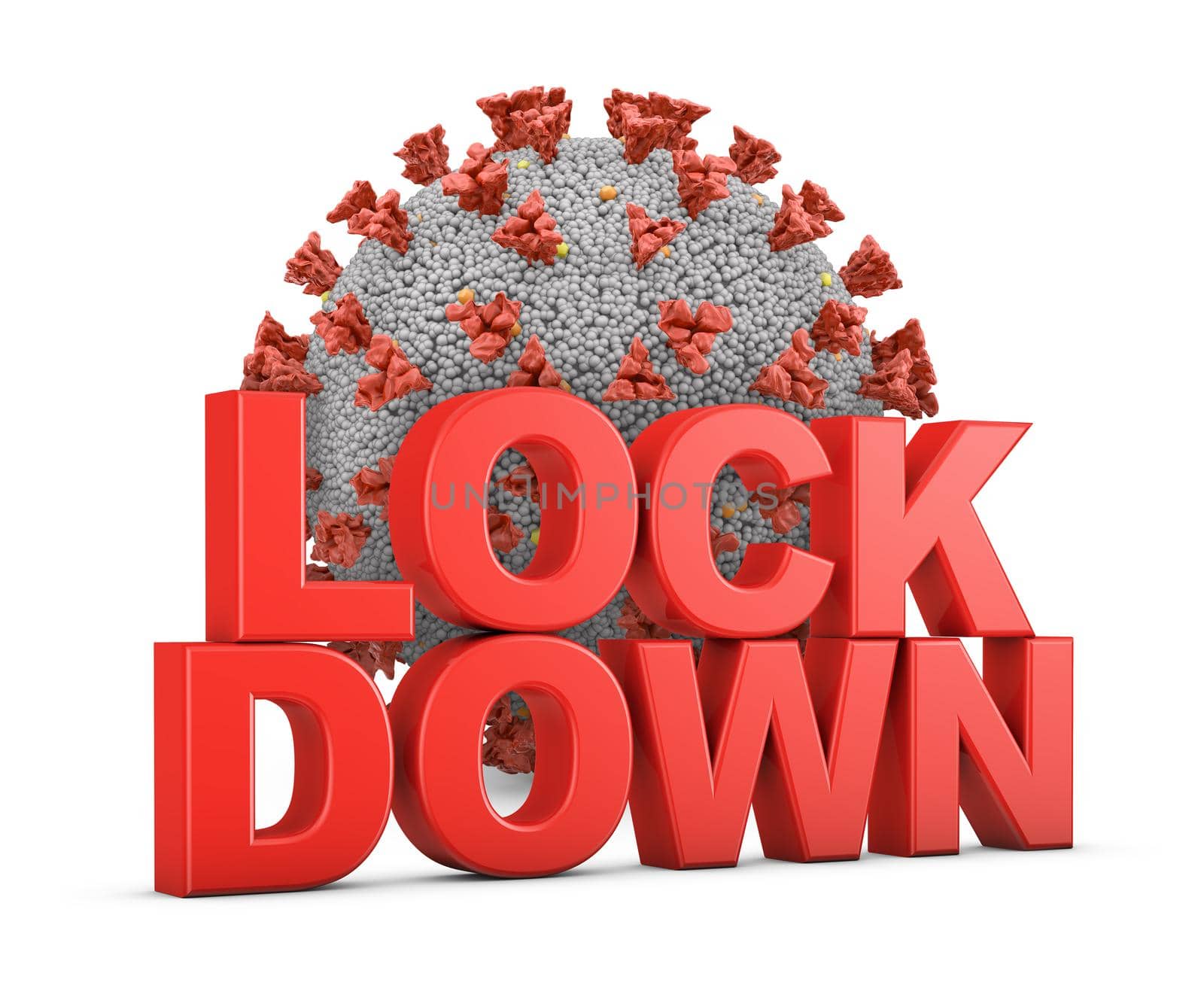 Volumetric red text LOCKDOWN on the background of coronavirus. 3d render