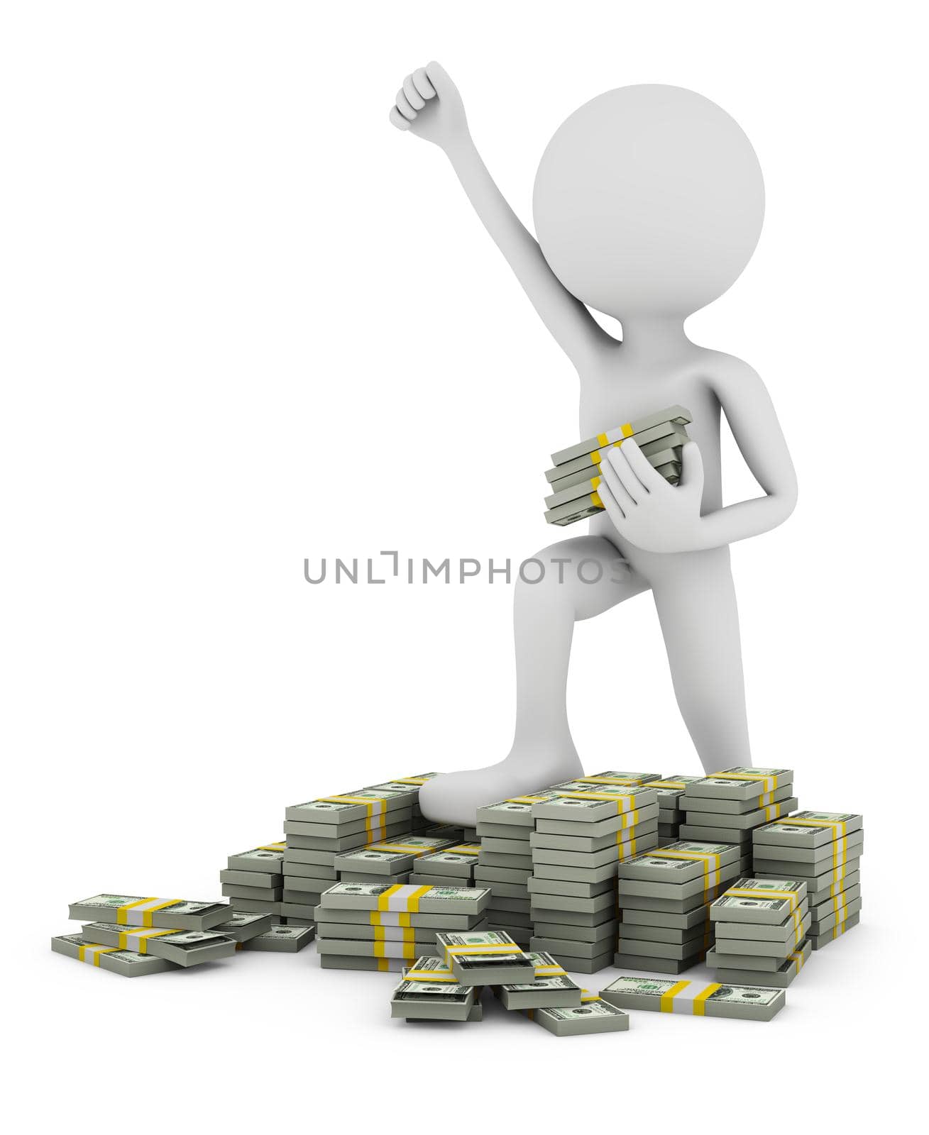 A man with a raised hand stands on piles of bundles of money. 3D rendering.