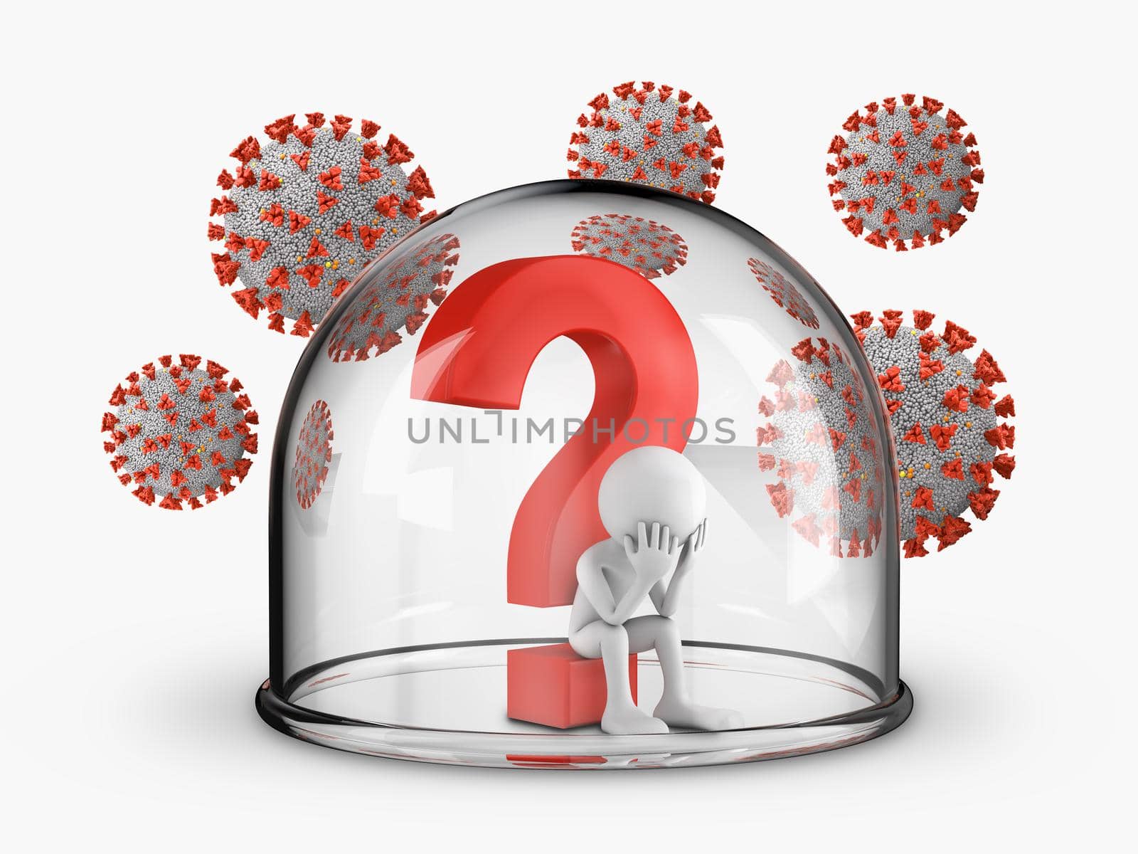 A man sits under a question mark covered with a glass dome, around which coronaviruses fly. 3d render.