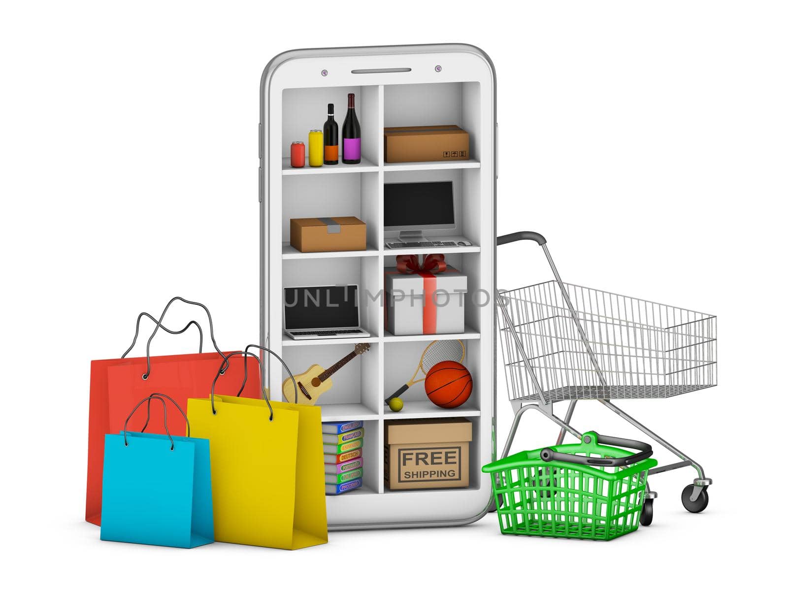 Smartphone with shelves on which there are different things. Online shopping concept on smartphone. 3d render.