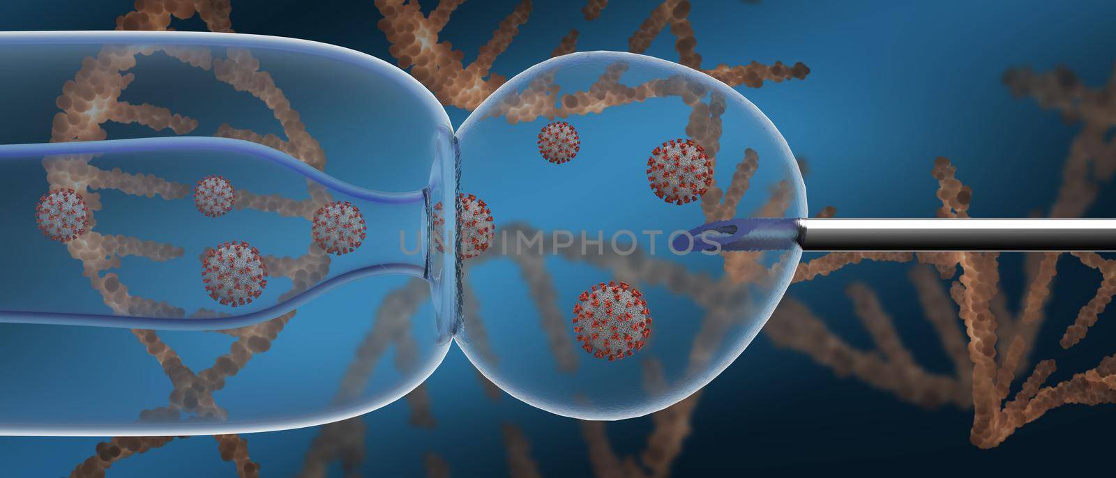 A pipette with a liquid bubble in which there are coronoviruses and a syringe needle against the background of dna. 3d render.