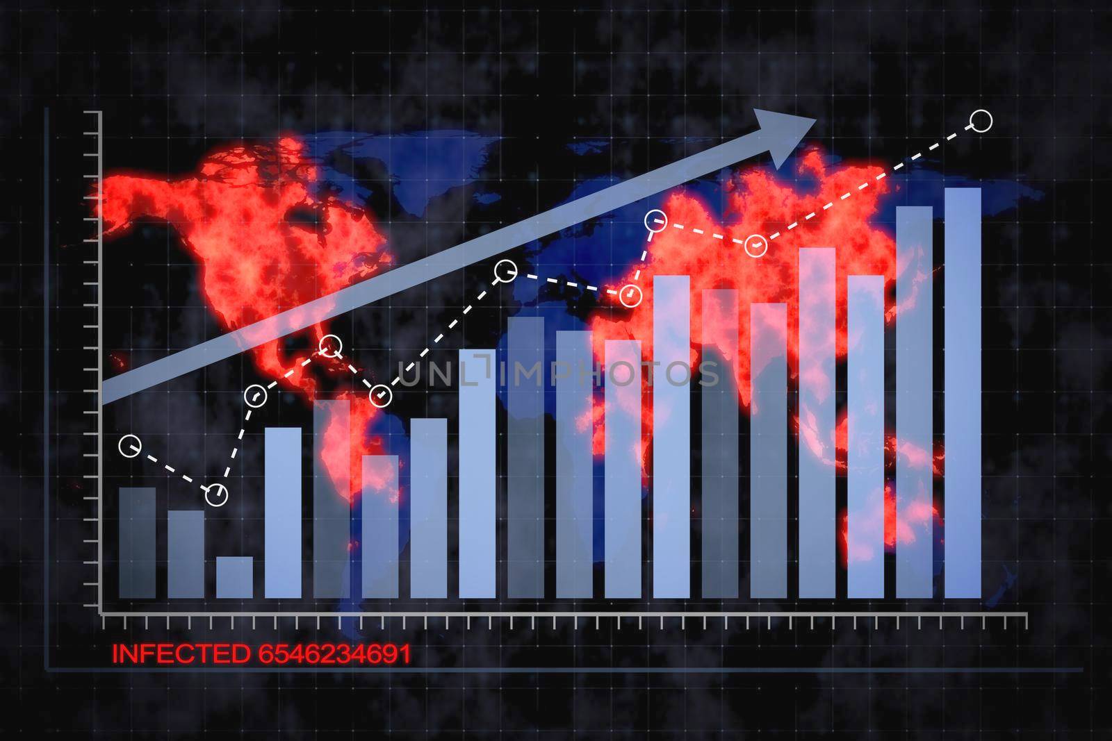 Rising blue bar graph following the arrow on a background of a world map with a spreading red virus. 3d render.