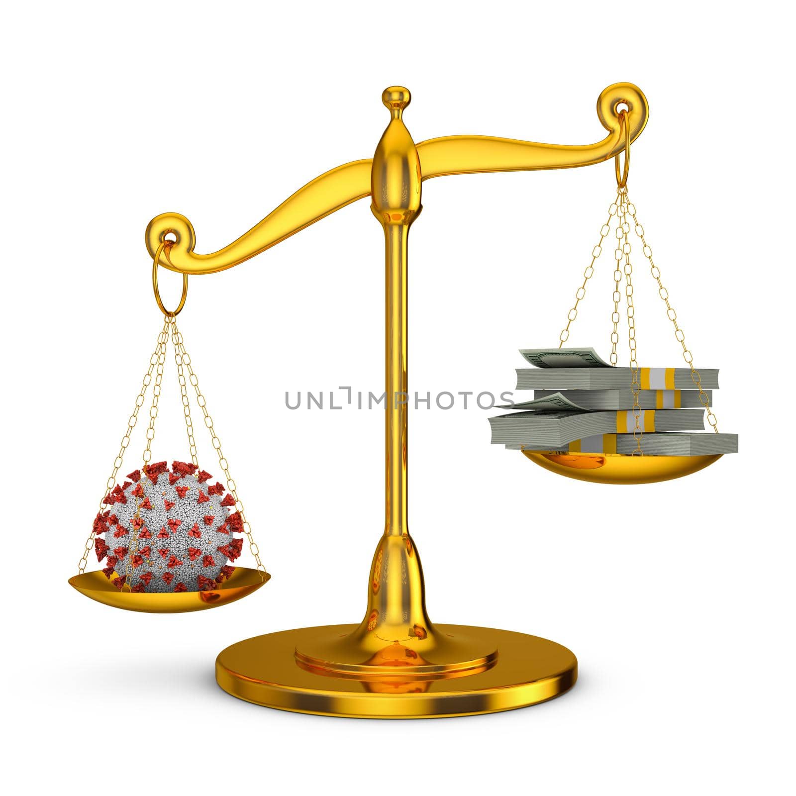 Gold scales with coronavirus and a packs of dollars banknotes. 3d render.