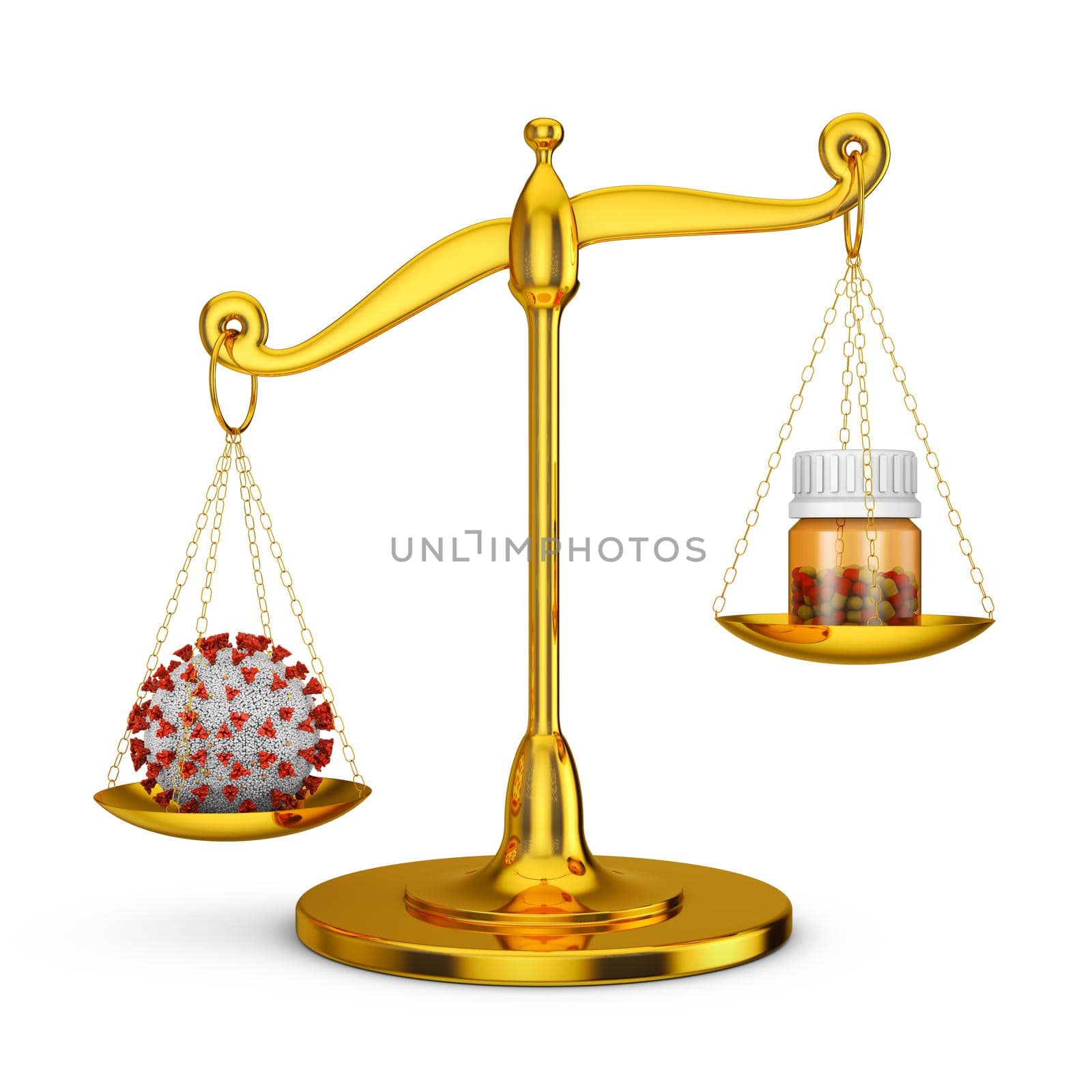 Gold scales with coronavirus and a bottle of pills. 3d render.