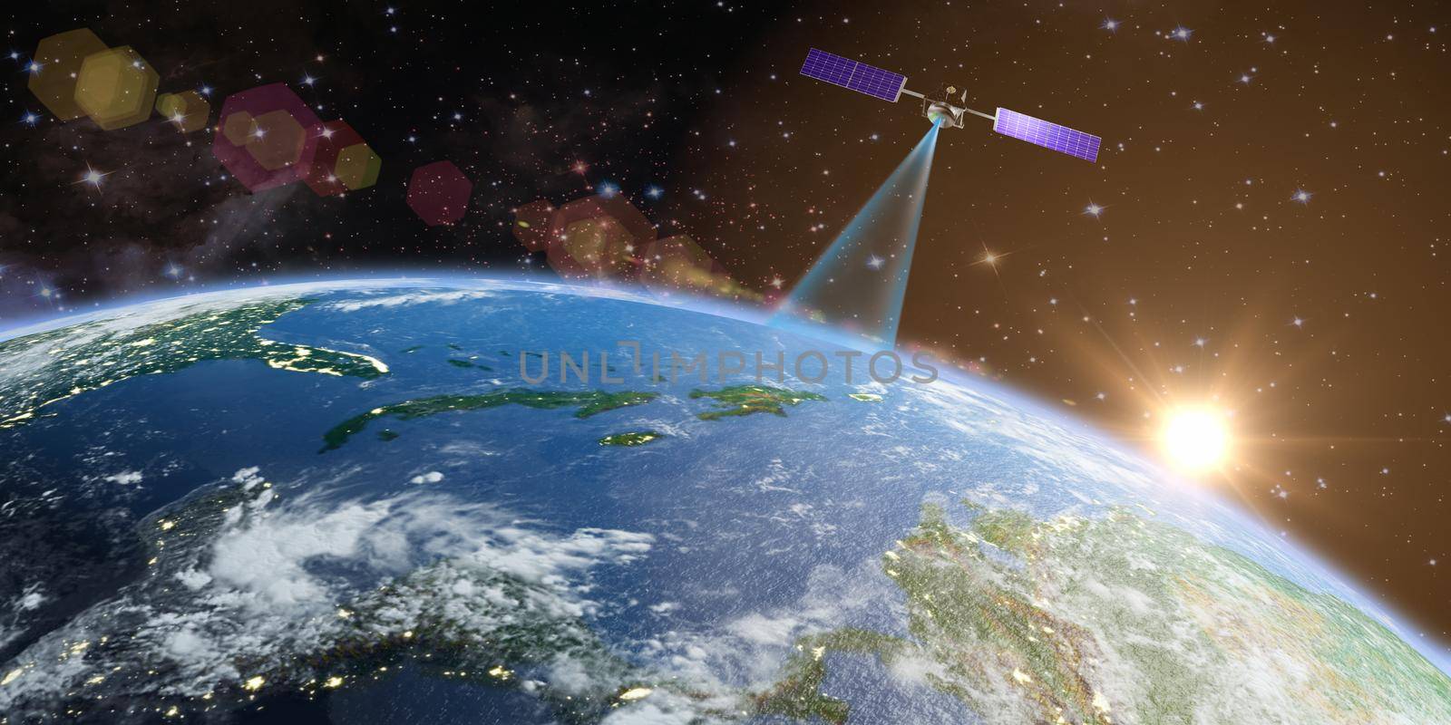 The satellite transmits a signal to the earth against the background of the sun. 3D rendering. Elements of this image furnished by NASA.