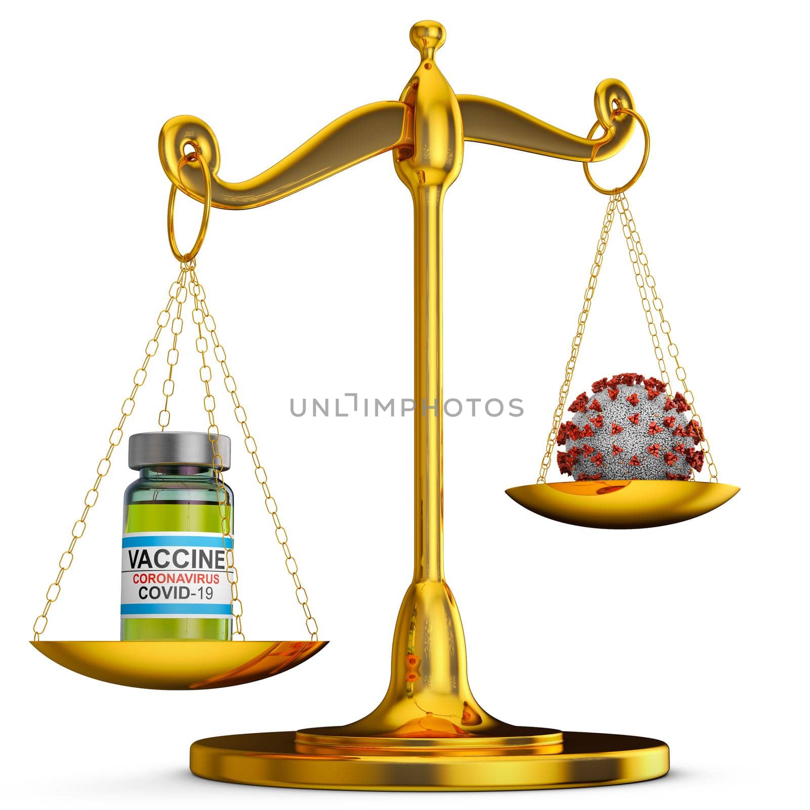 Gold scales with vaccine and coronovirus covid-19. 3d render.