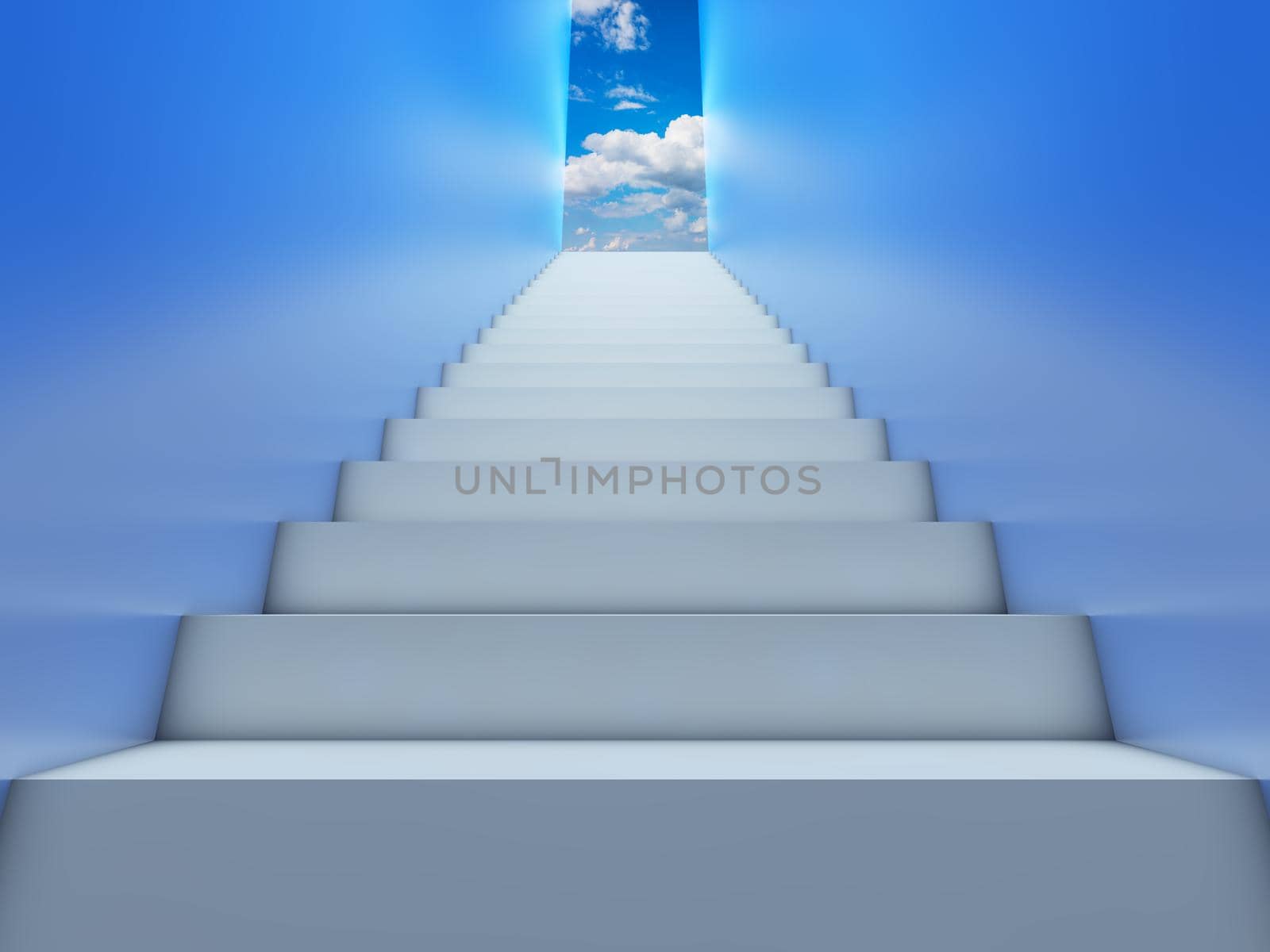 A corridor with stairsl eading to the sky with clouds. 3d render.