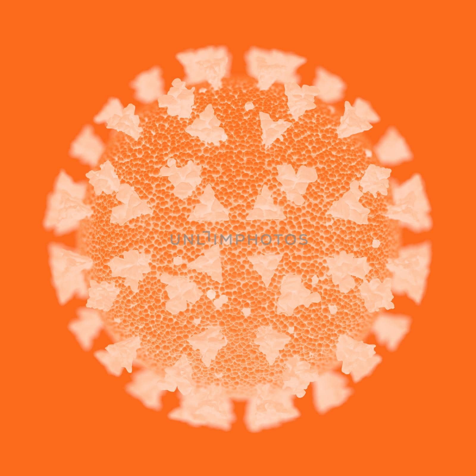 Close-up of the Covid-19 virus in orange tint. 3D rendering.
