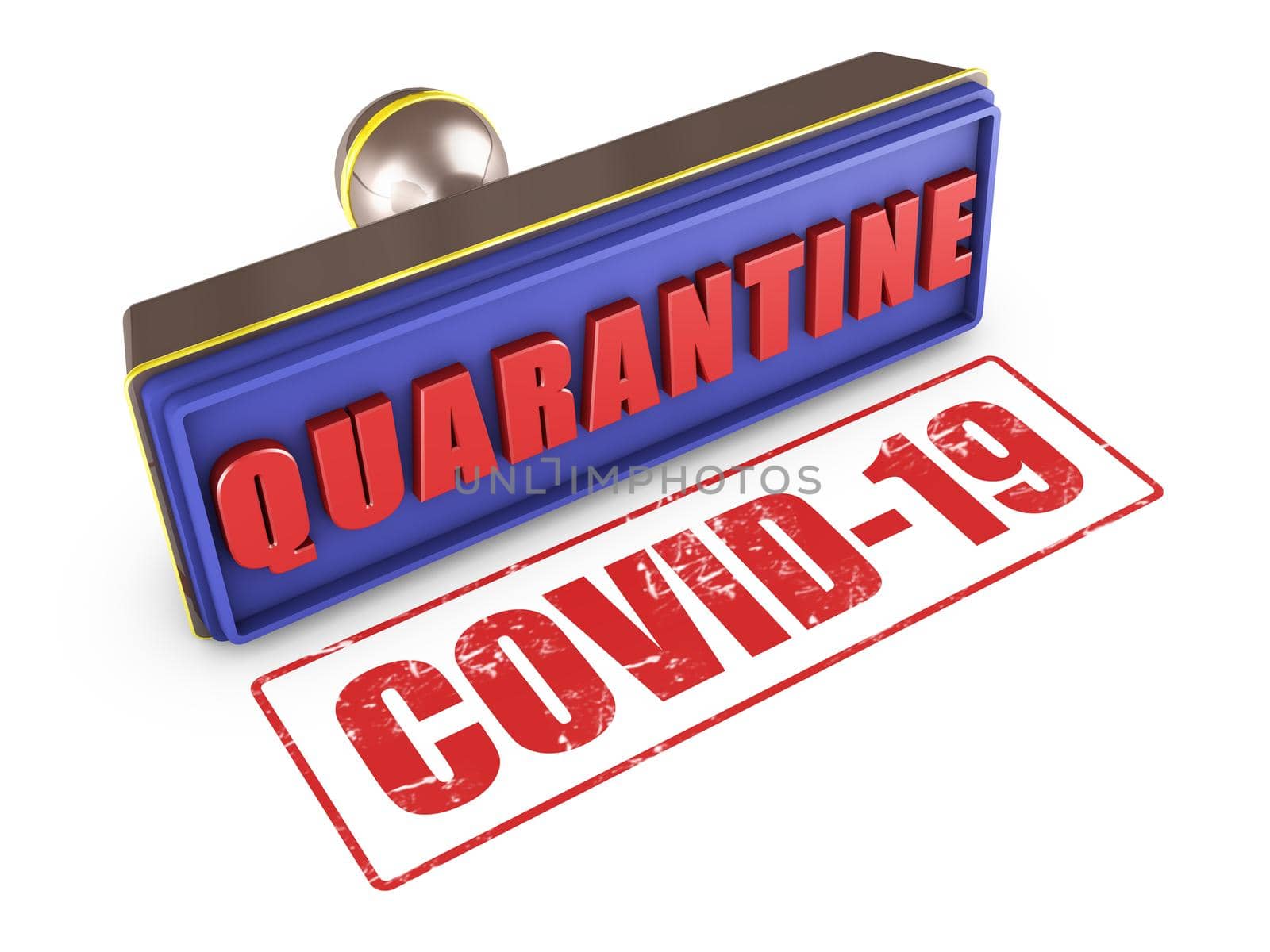 Stamp with the inscription Quarantine and the imprint of Covid-19. 3d render.