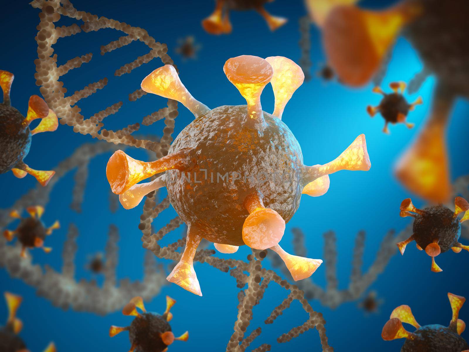 Viruses and dna close-up on a blue background. 3d render.