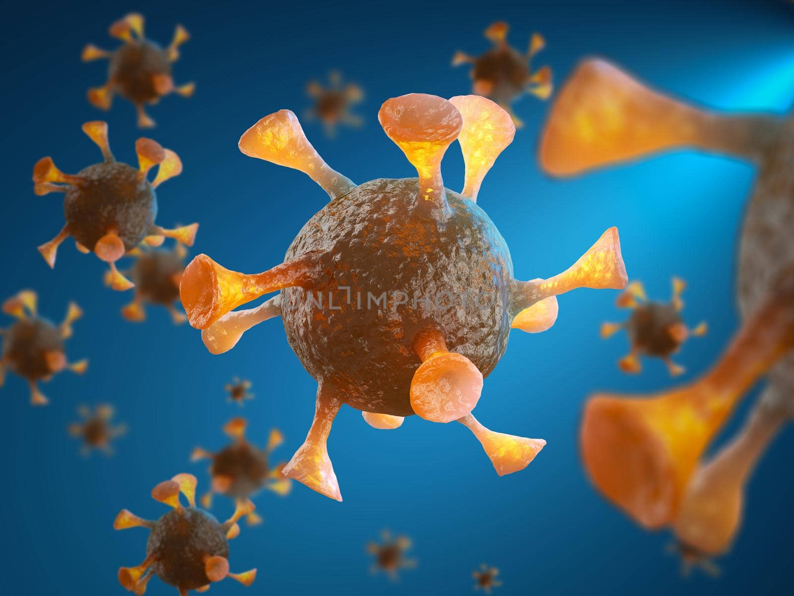 Viruses close-up on a blue background. 3d render.