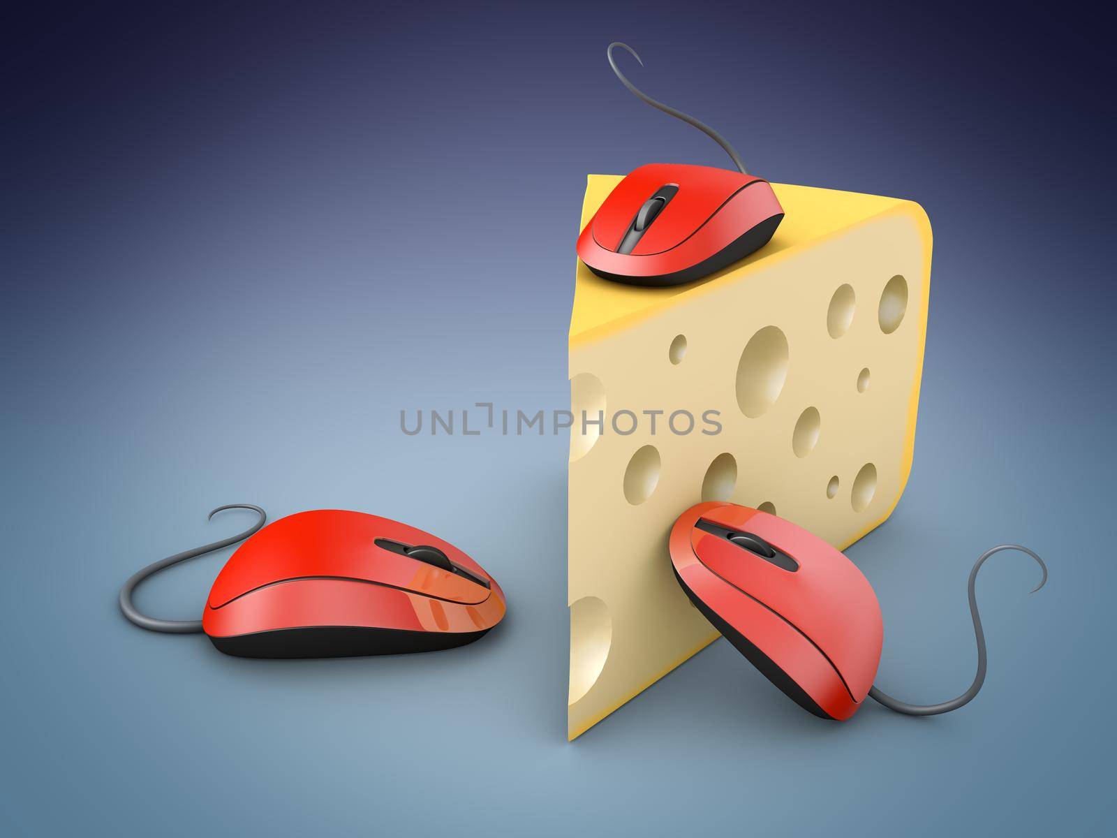 Three red computer mice and a piece of cheese. 3d render.