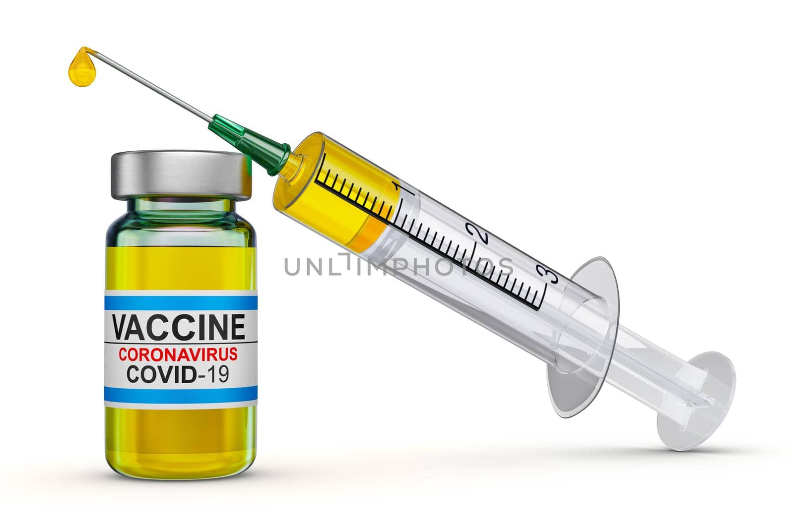 Vaccine bottle and syringe on a white background. 3d render.