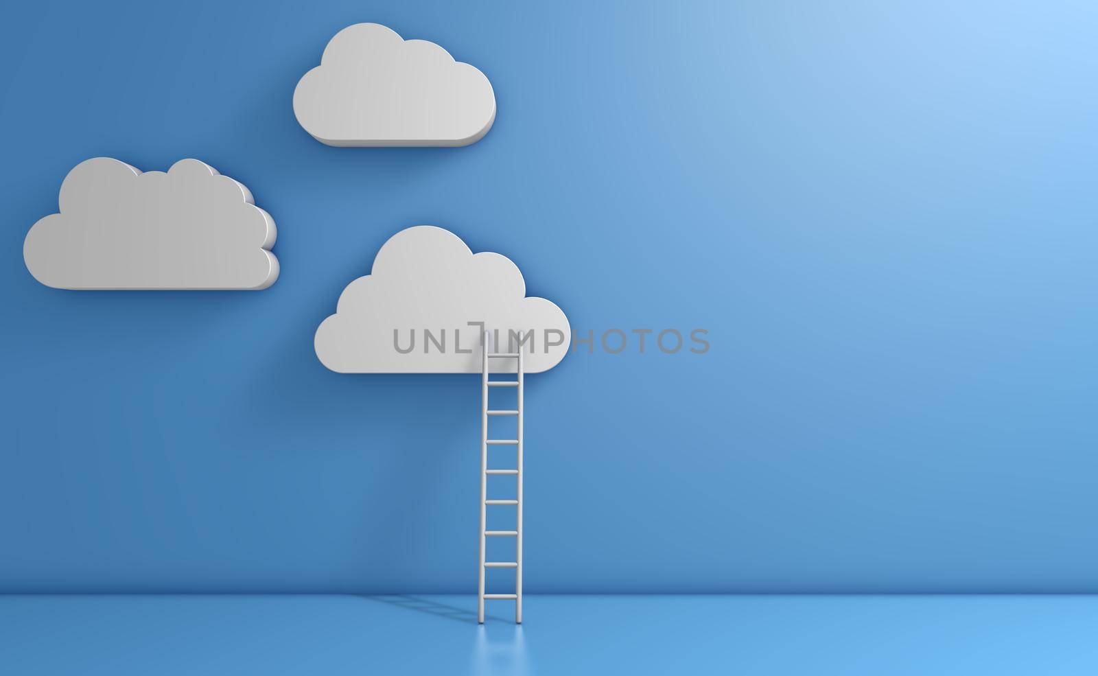 White clouds on a blue background and a ladder. 3d render.