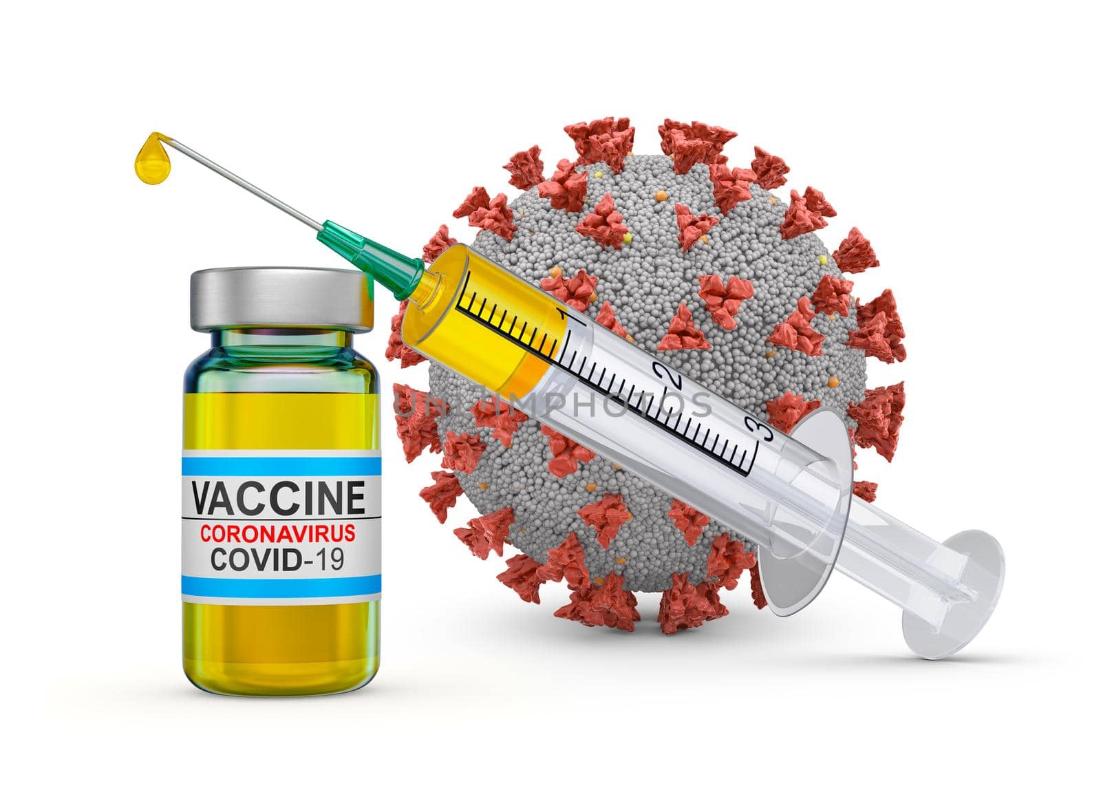 A vaccine bottle and syringe next to the coronovirus. 3d render.