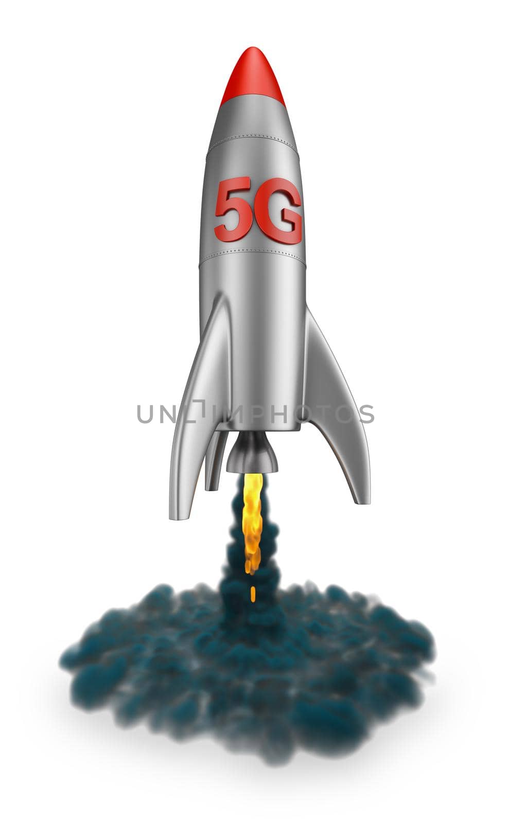 5G rocket flies up with smoke and fire. 3d render