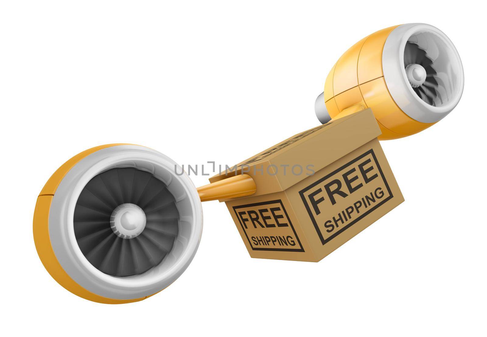 Box with the inscription free shipping, and aircraft engines. 3d render