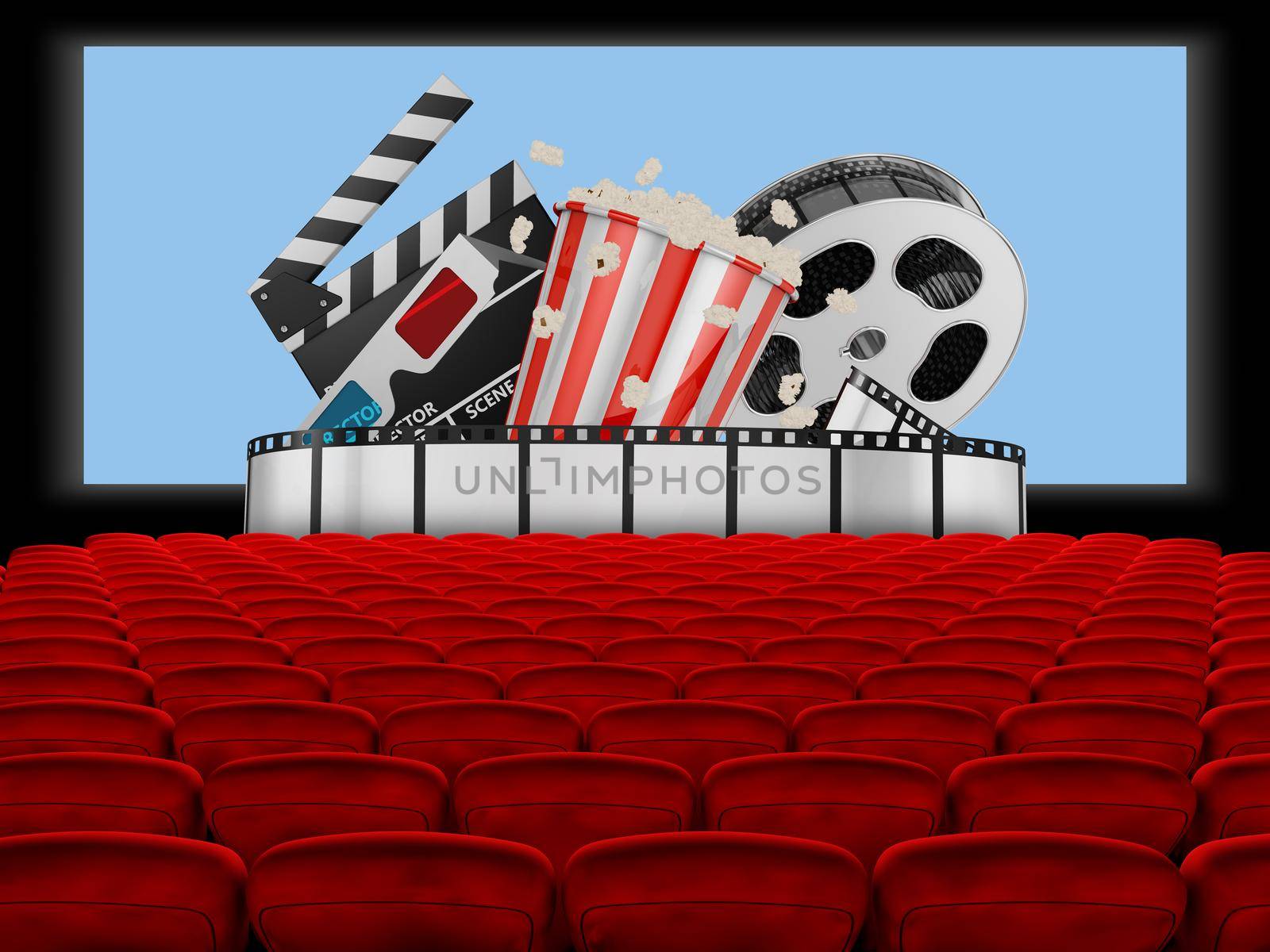 Cinema hall with popcorn and film. 3d render