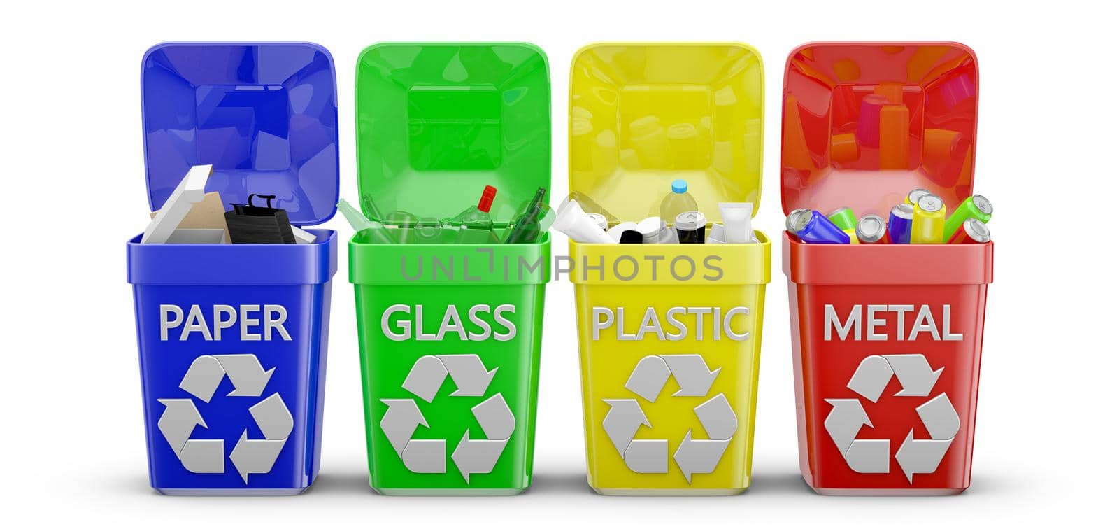 Four containers of trash on a white background. 3d render.