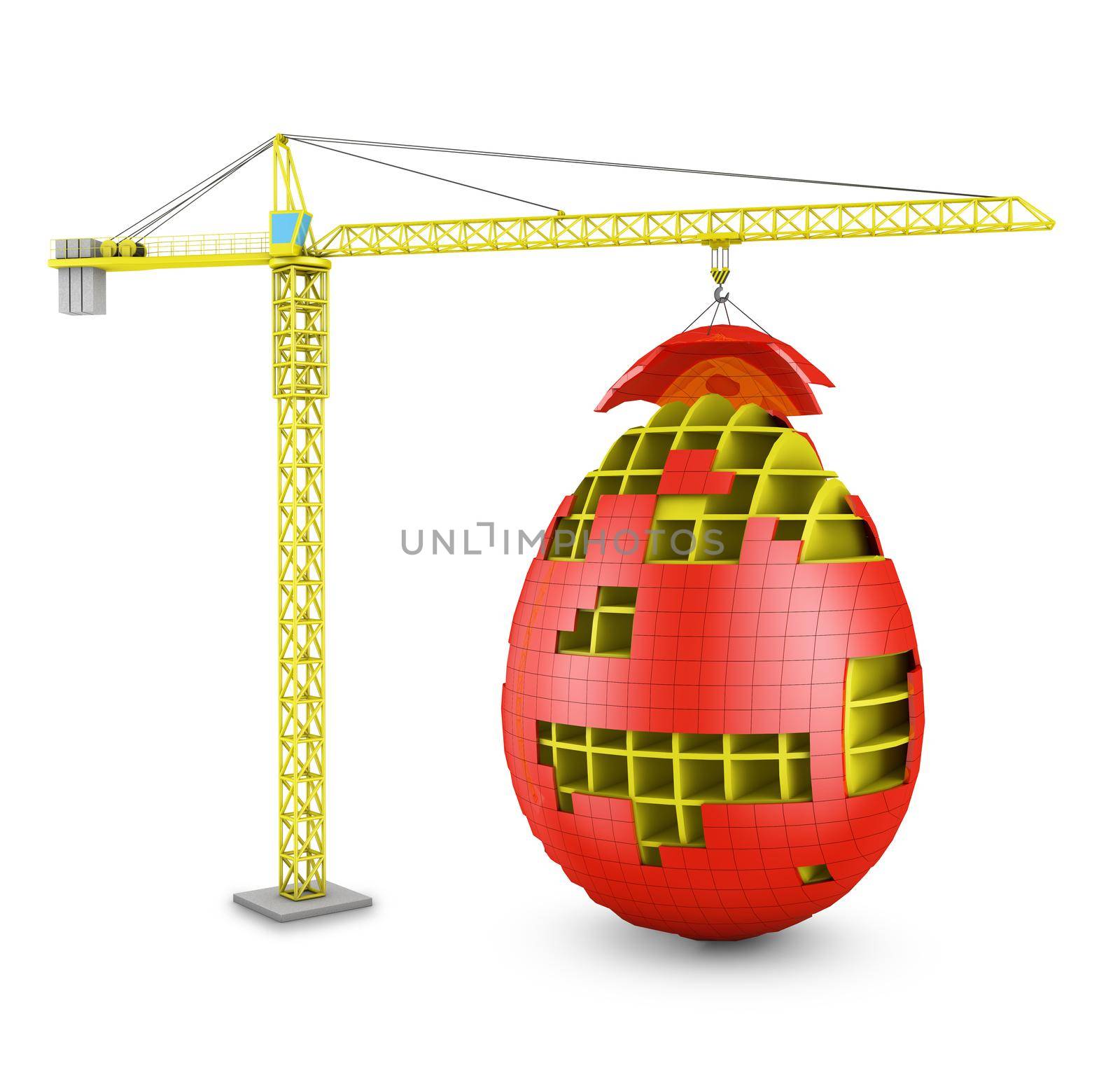The tower crane builds a red egg. 3d render.