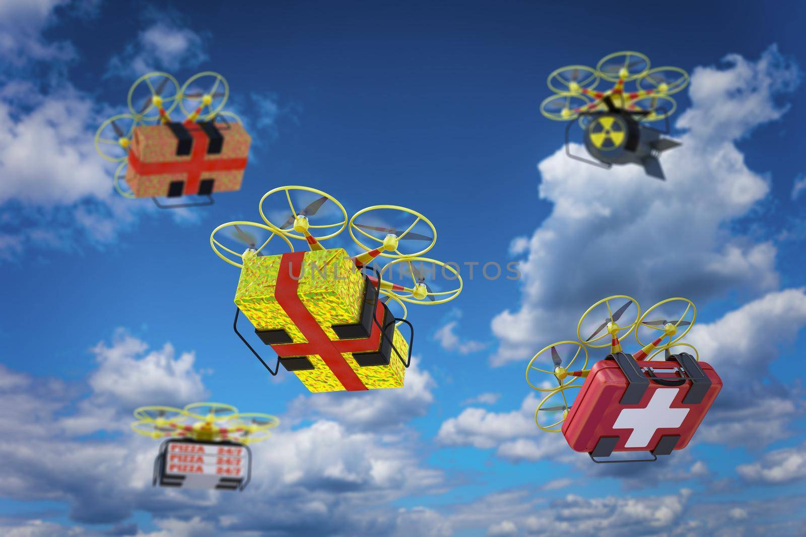 Drones with various cargoes against the sky. 3d render.