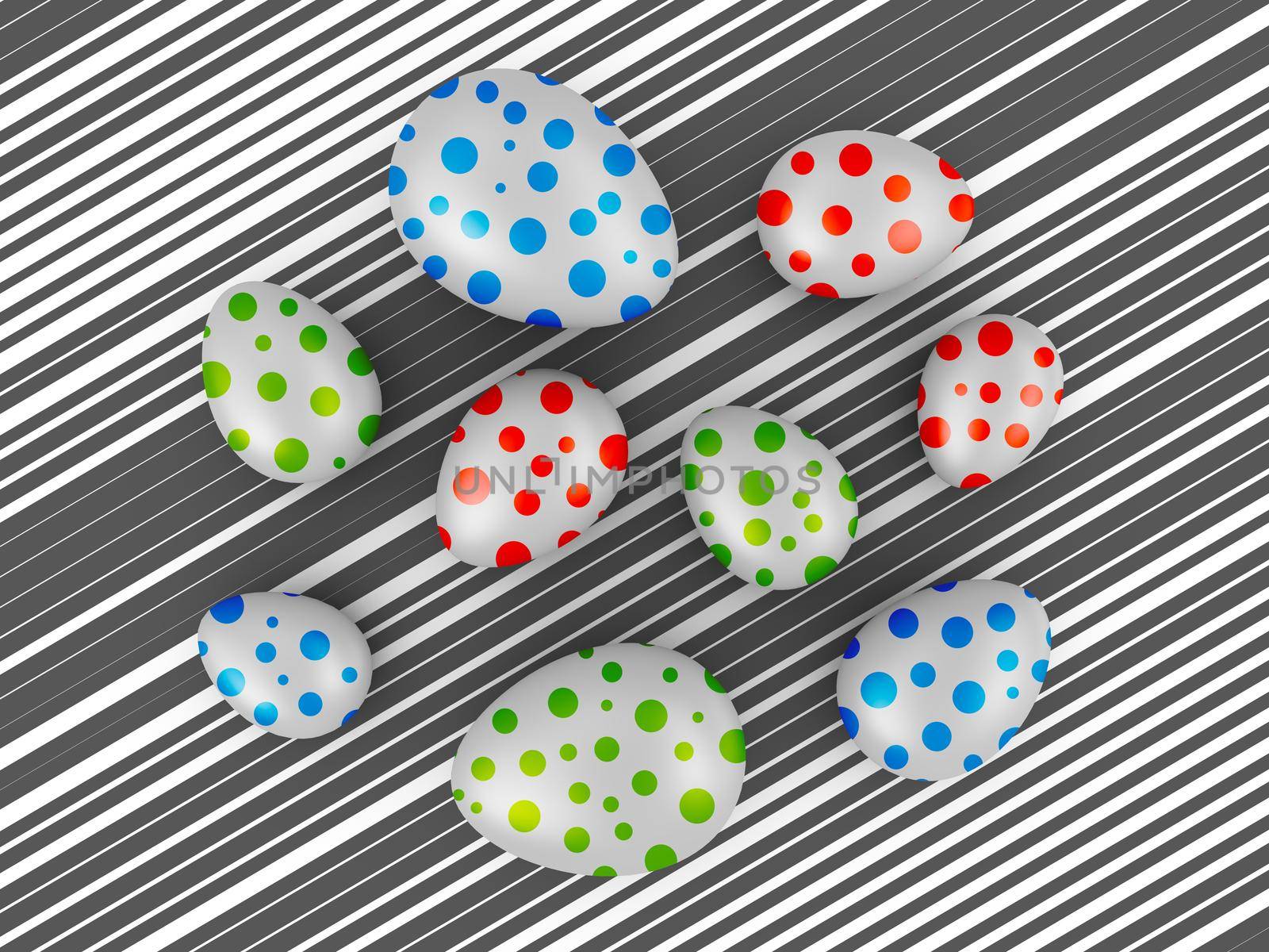 Eggs with colored circles on a background of black stripes. 3d render