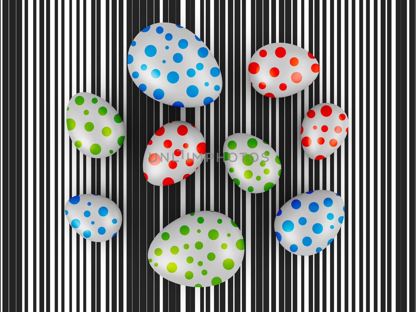 Eggs with colored circles on a background of black stripes. 3d render