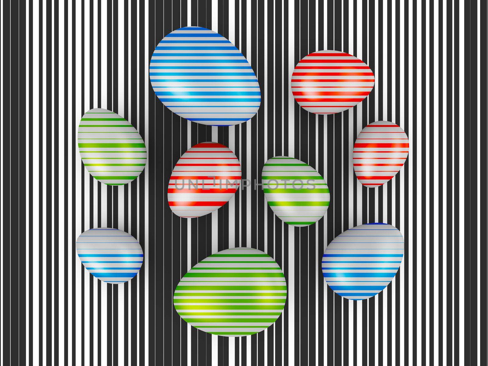 Eggs with colored stripes on a background of black stripes. 3d render