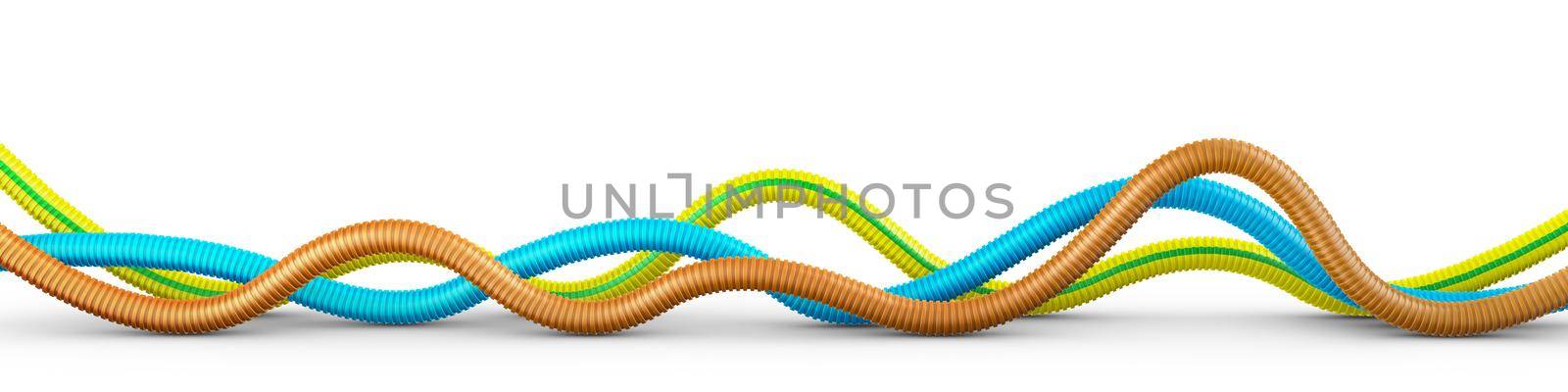 Multicolored flexible corrugated pipes for electrical installation. 3d render