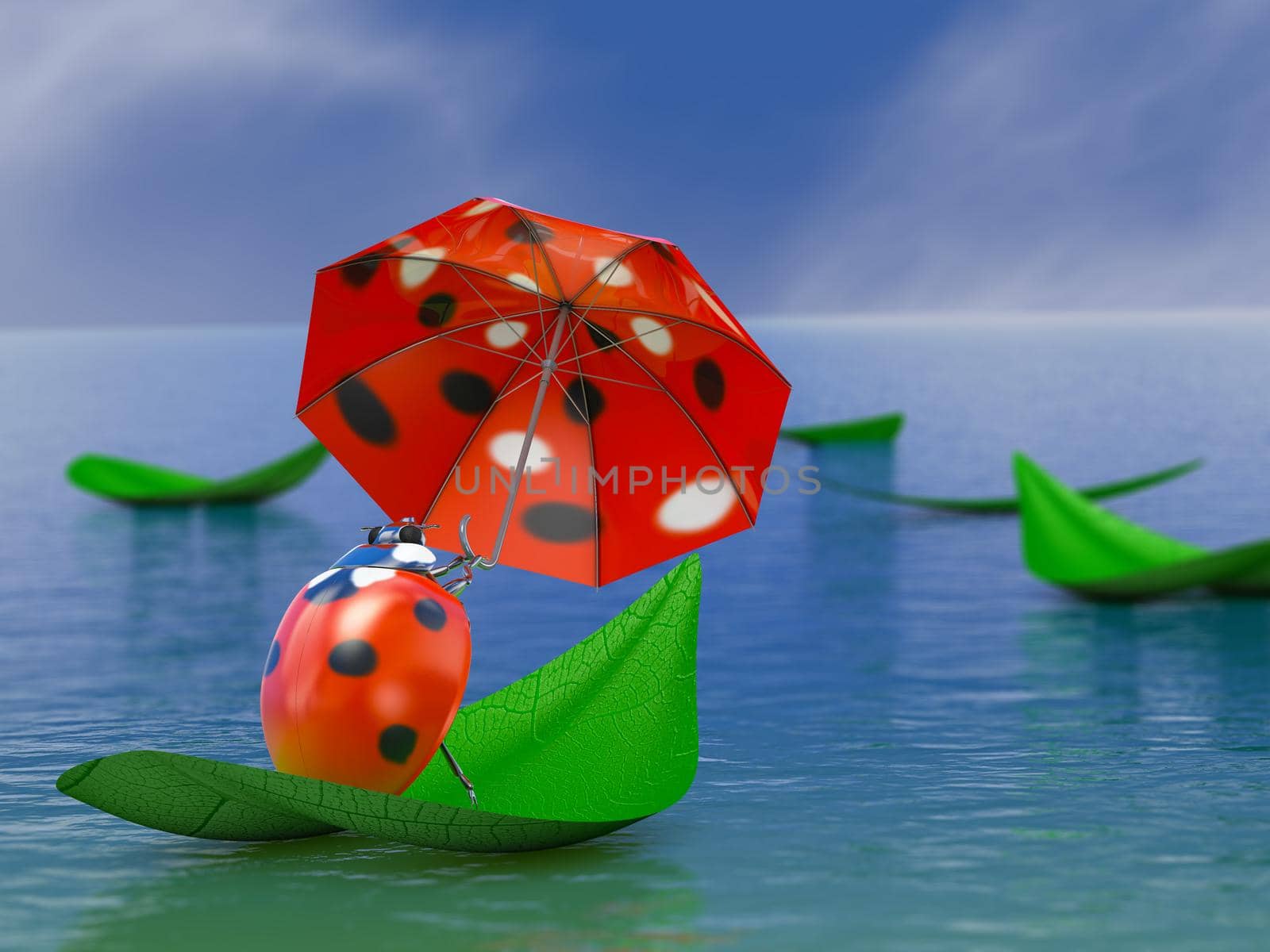 Ladybug with an umbrella on a leaf of a tree floating on the water. 3d render.