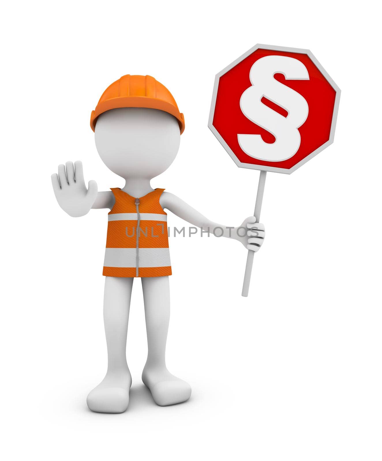 A man in a helmet holds a road sign with a paragraph. 3d render
