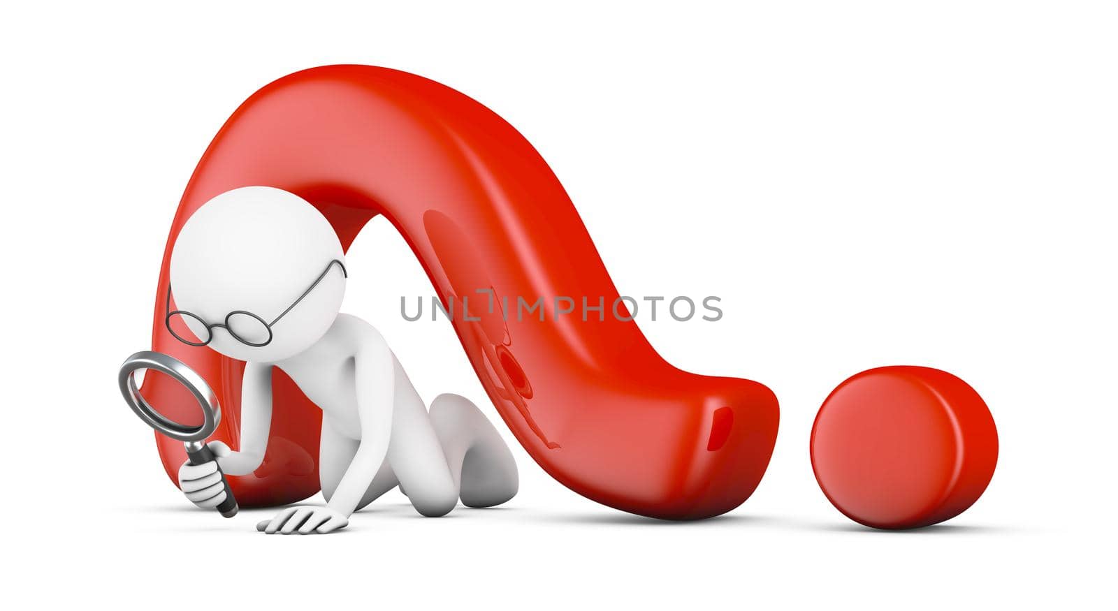 A man crawls on his knees with a magnifying glass under a big question mark. 3d render.