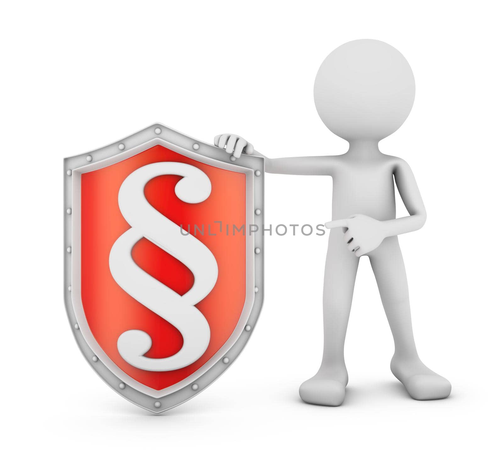 Man with a shield on which the sign of the paragraph. 3D render.