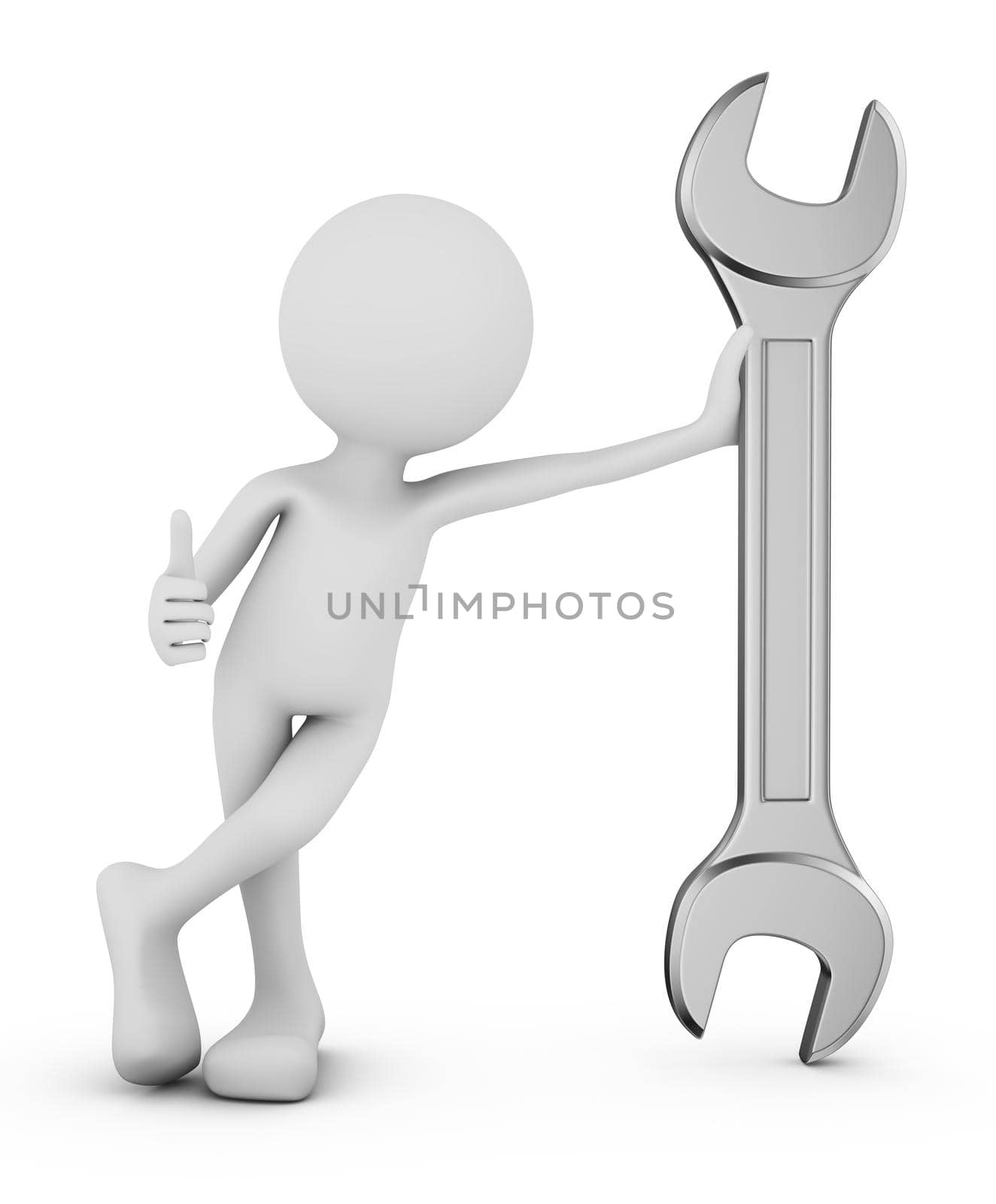 Man with wrench on white background. 3d render