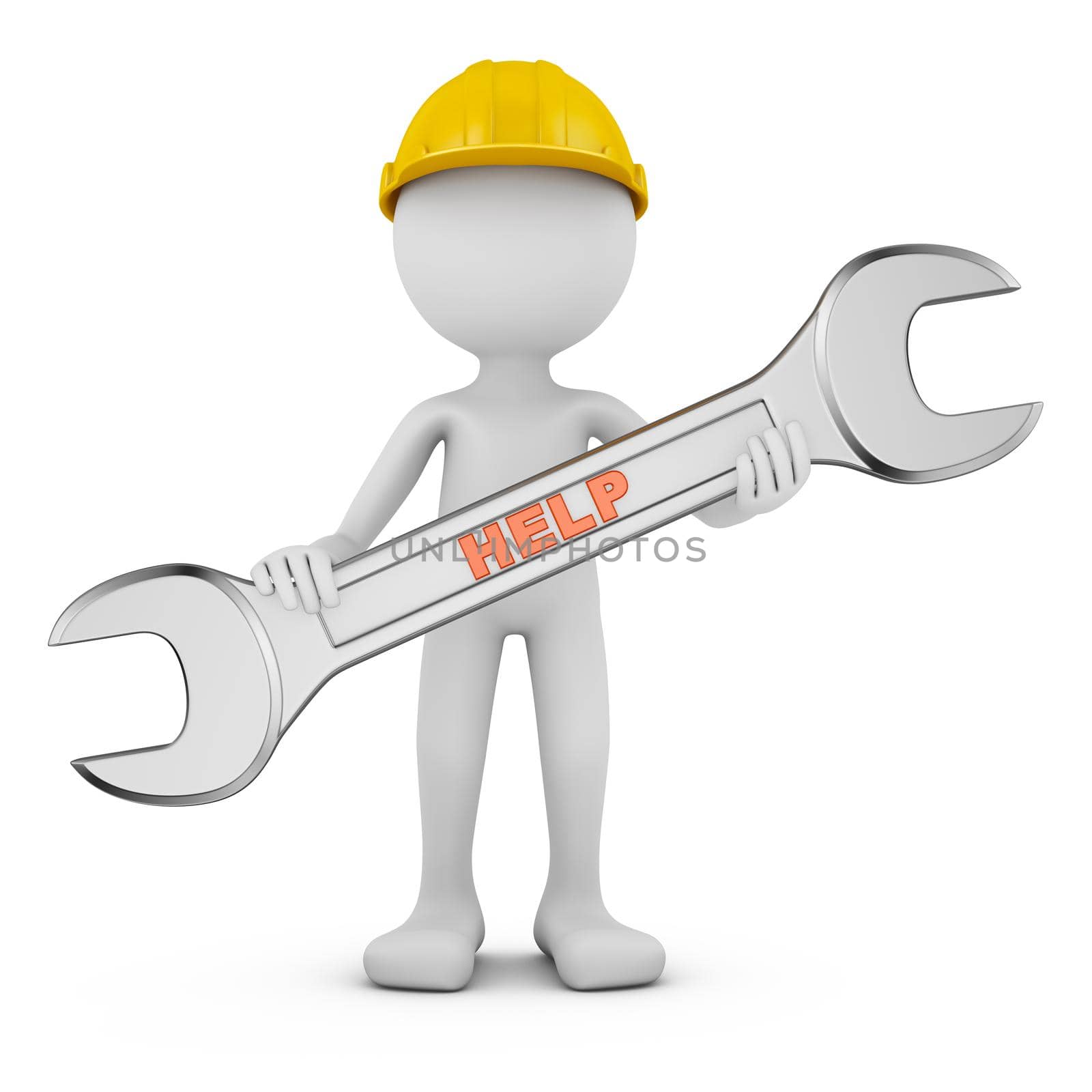 Man with wrench on white background. 3d render
