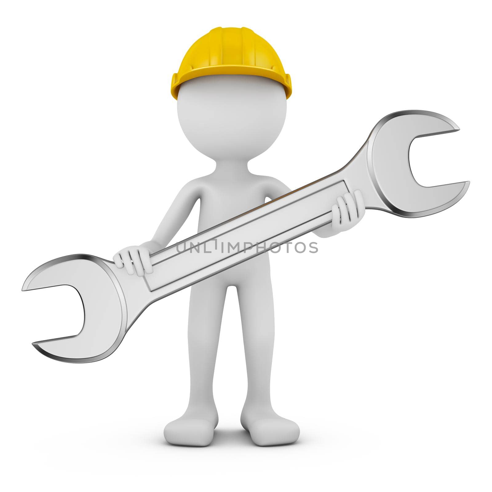 Man with wrench on white background. 3d render