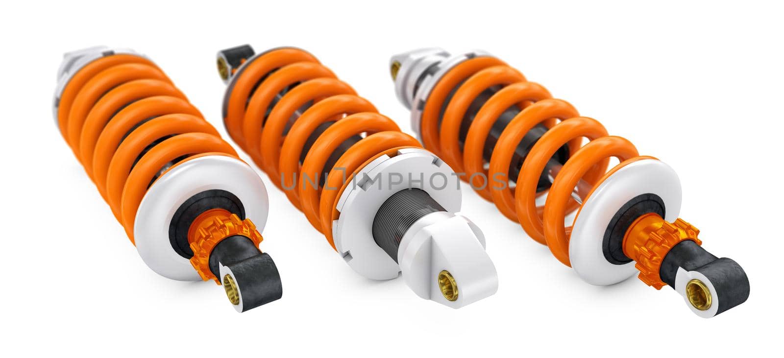 Three shock absorbers on a white background. 3d render.