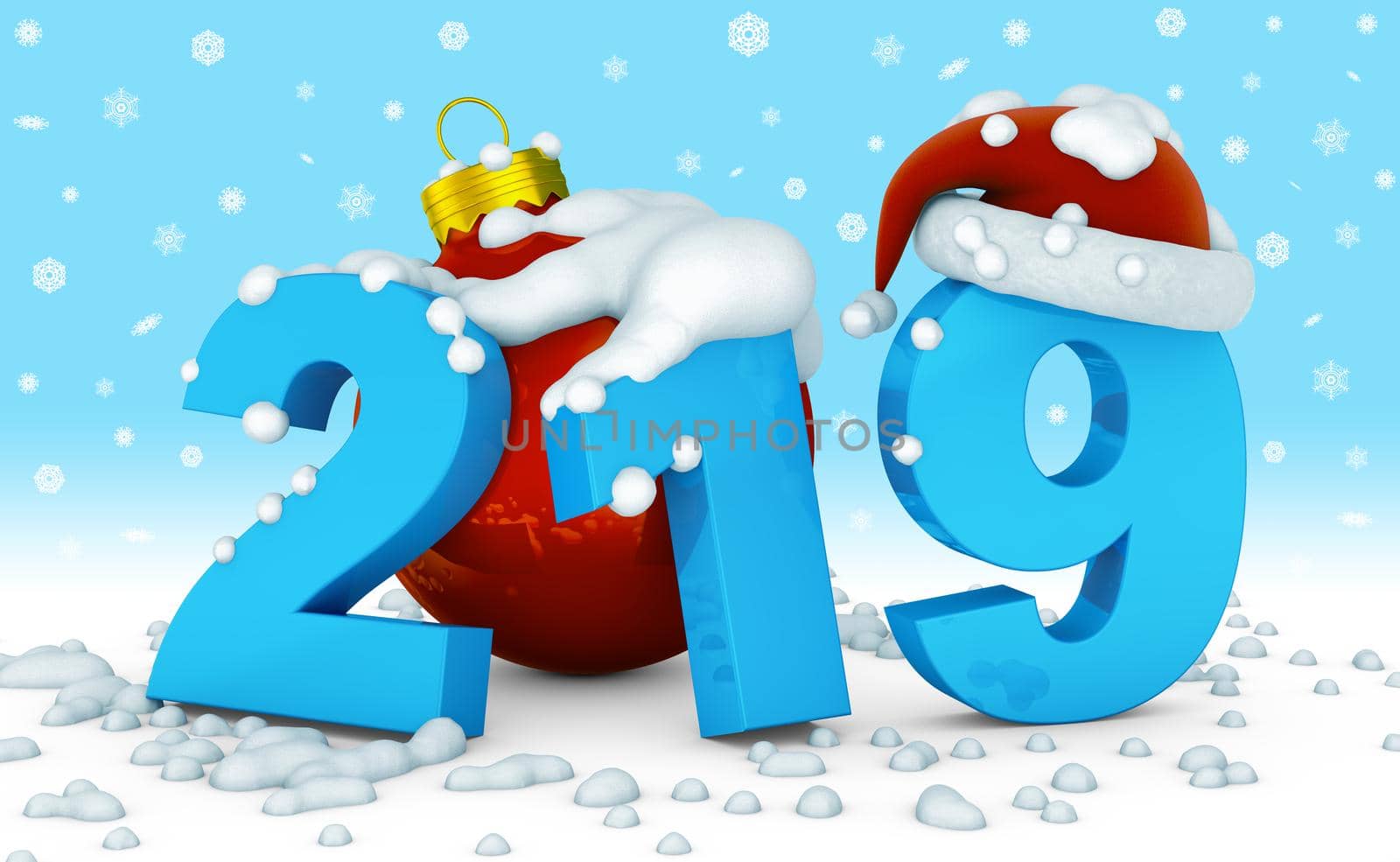 The numbers 219 and ball Christmas tree on which the snow falls. 3d rendering.