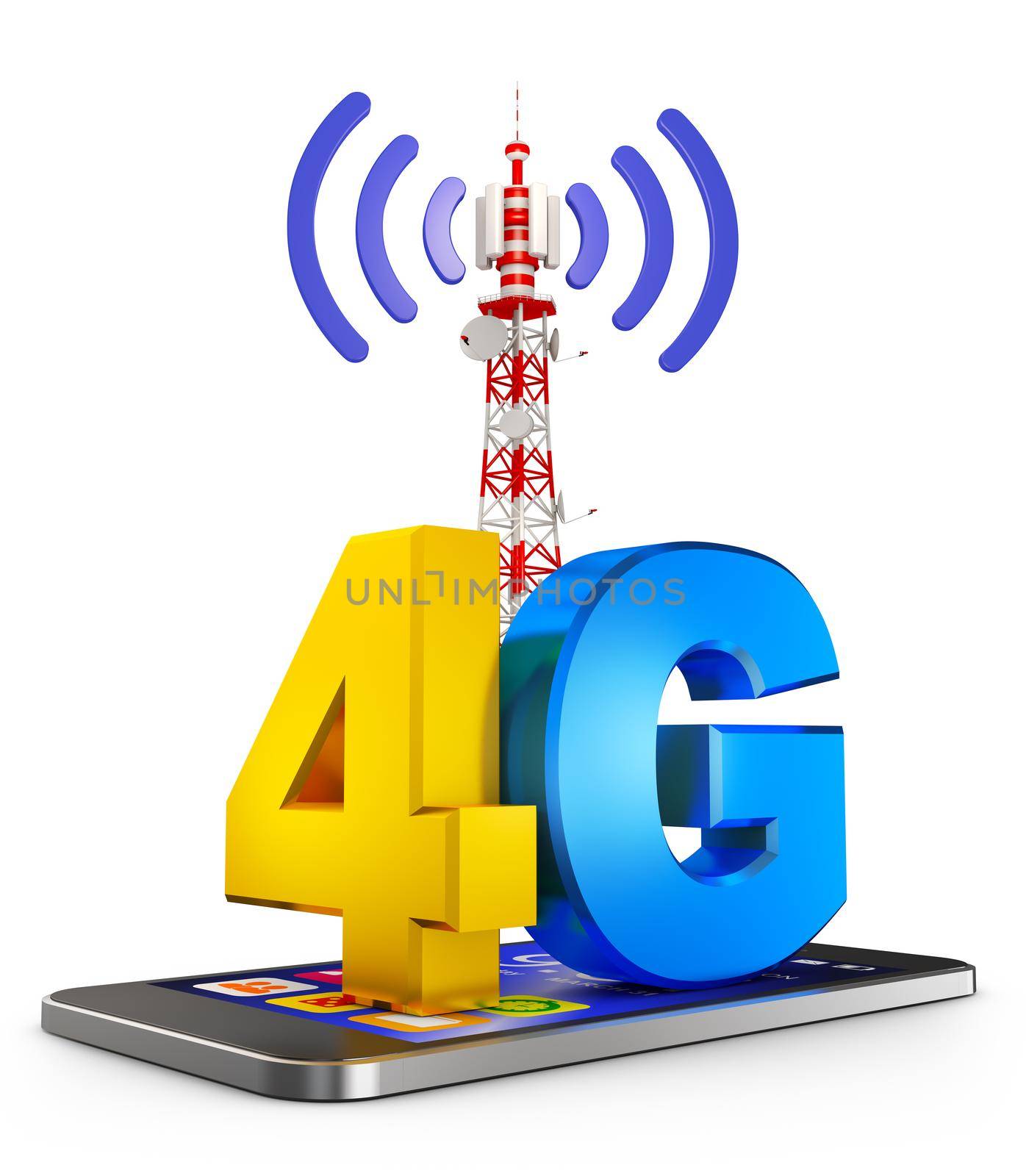 4G on the smartphone and a communications tower. 3d rendering.